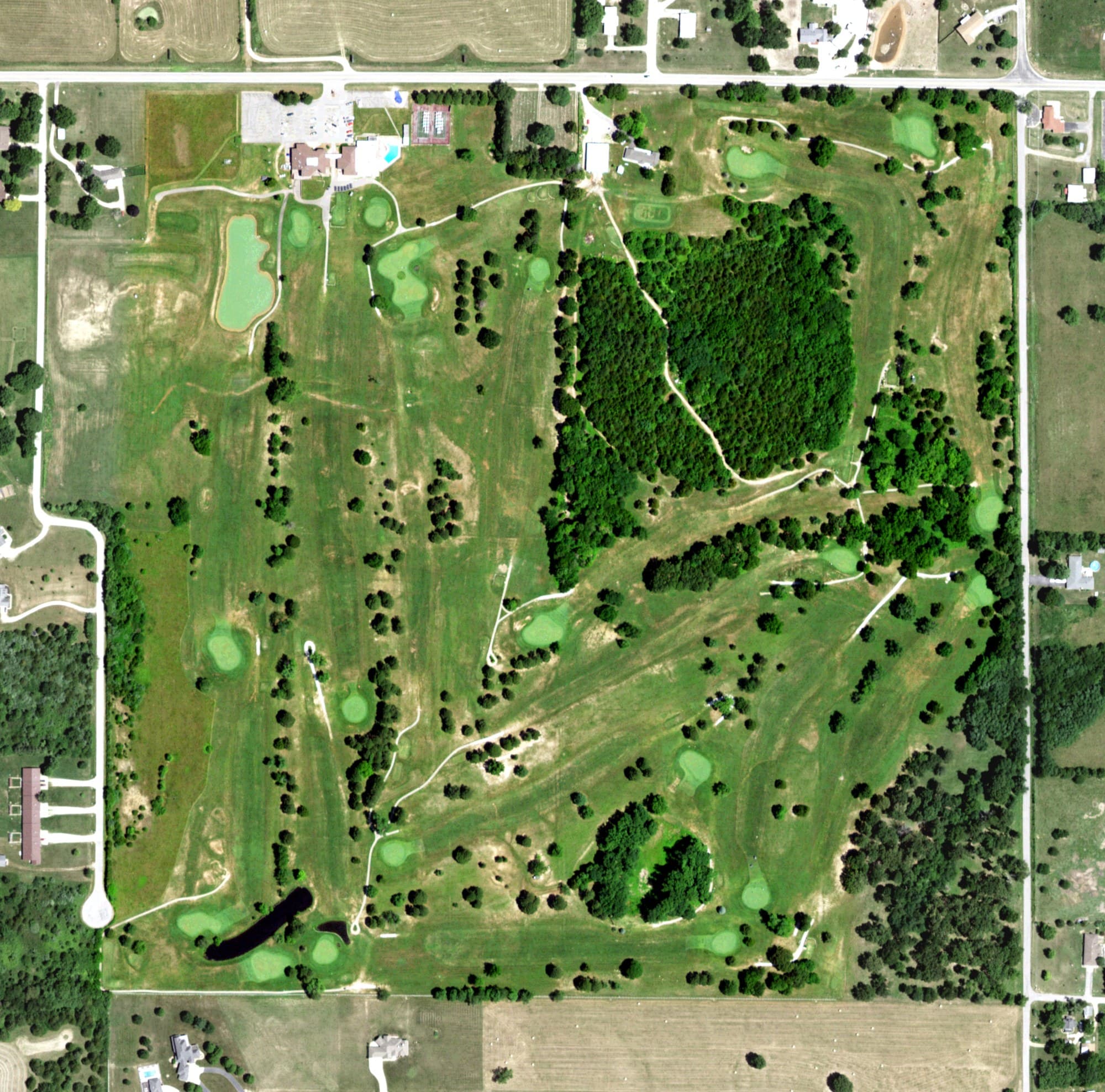 Aerial view of Great Life Golf & Fitness, MO, with its hole routing marked