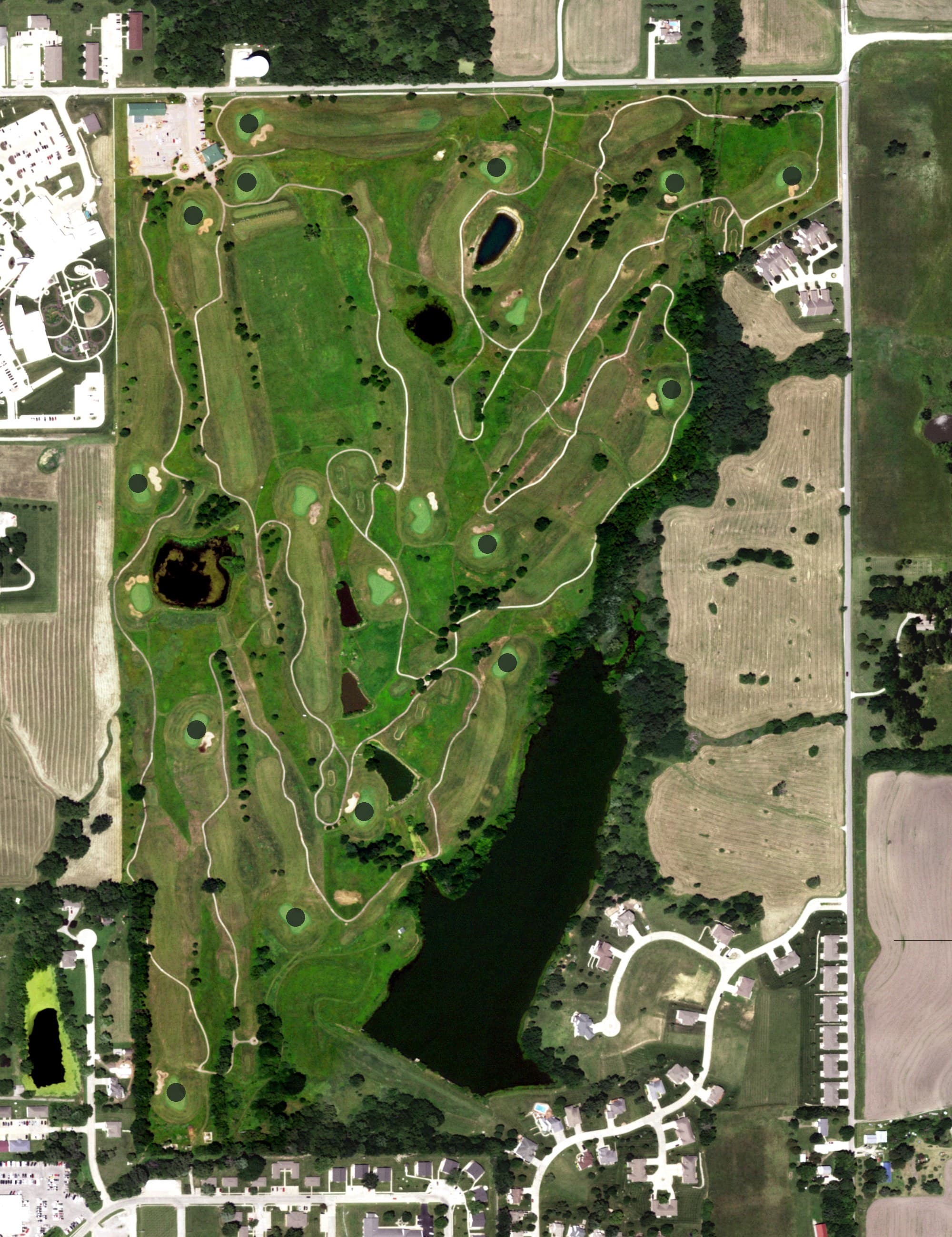 Aerial view of Green Hills Golf Course, MO, with its hole routing marked