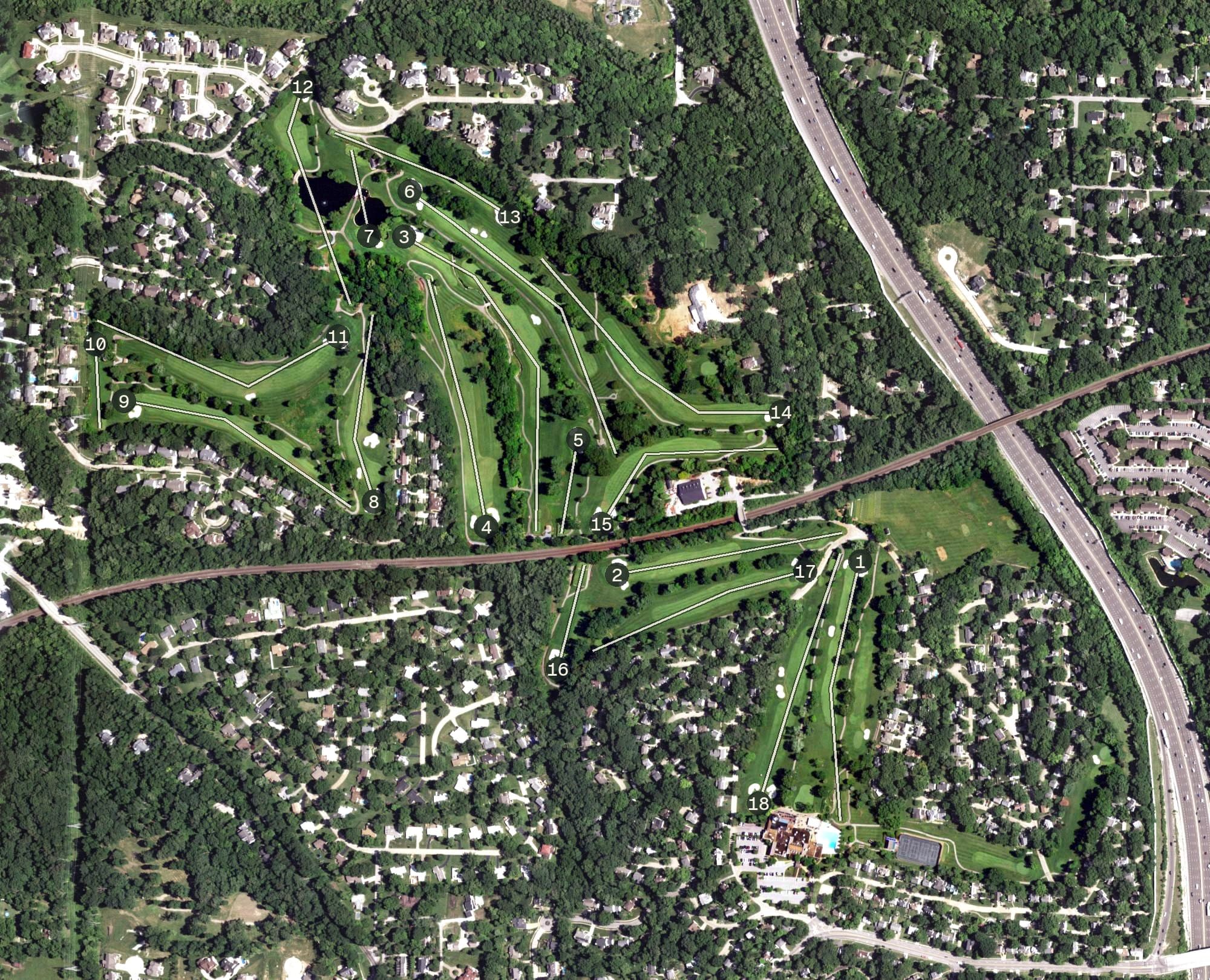 Aerial view of Greenbriar Hills Country Club, MO, with its hole routing marked