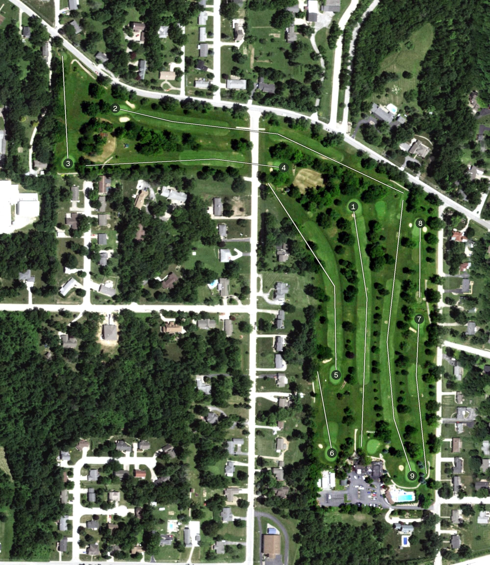 Aerial view of Hannibal Country Club, MO, with its hole routing marked
