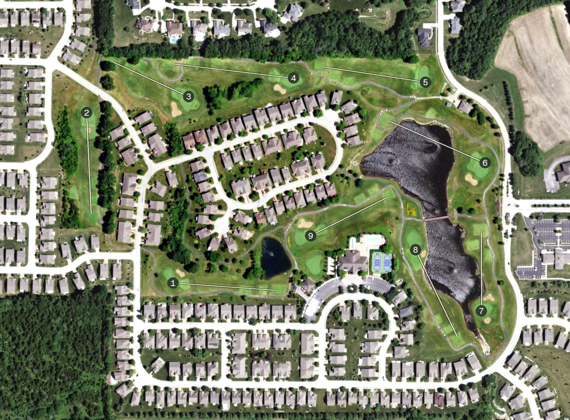 Aerial view of Heritage of Hawk Ridge, MO, with its hole routing marked