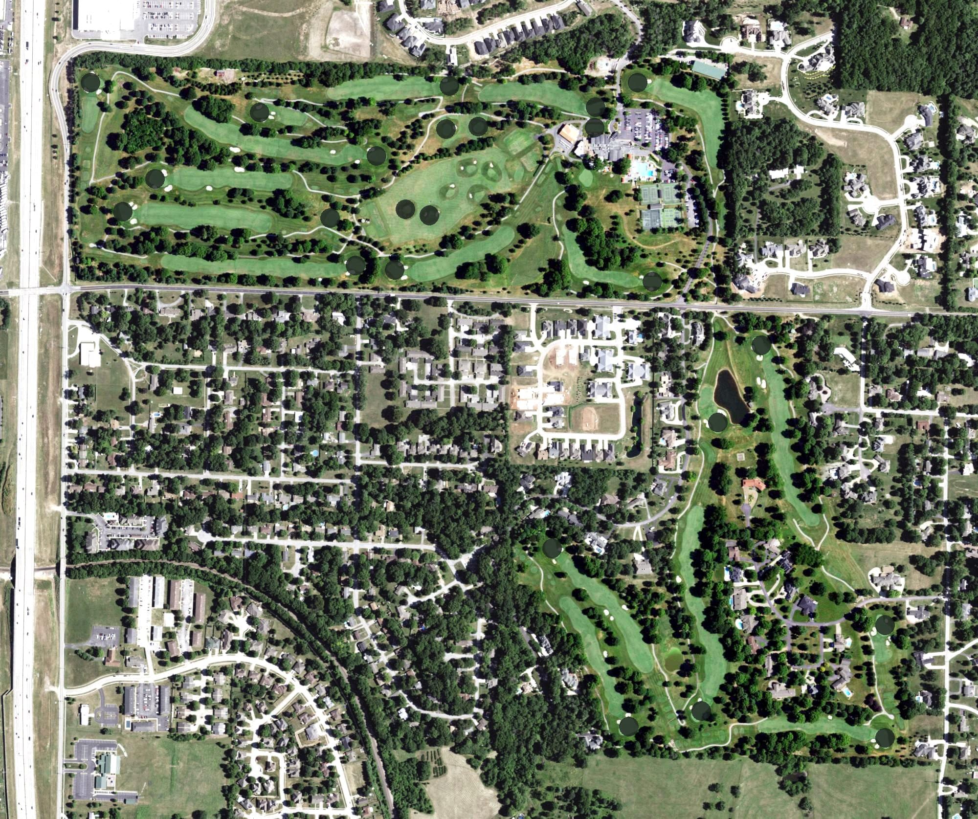Aerial view of Hickory Hills Country Club, MO, with its hole routing marked