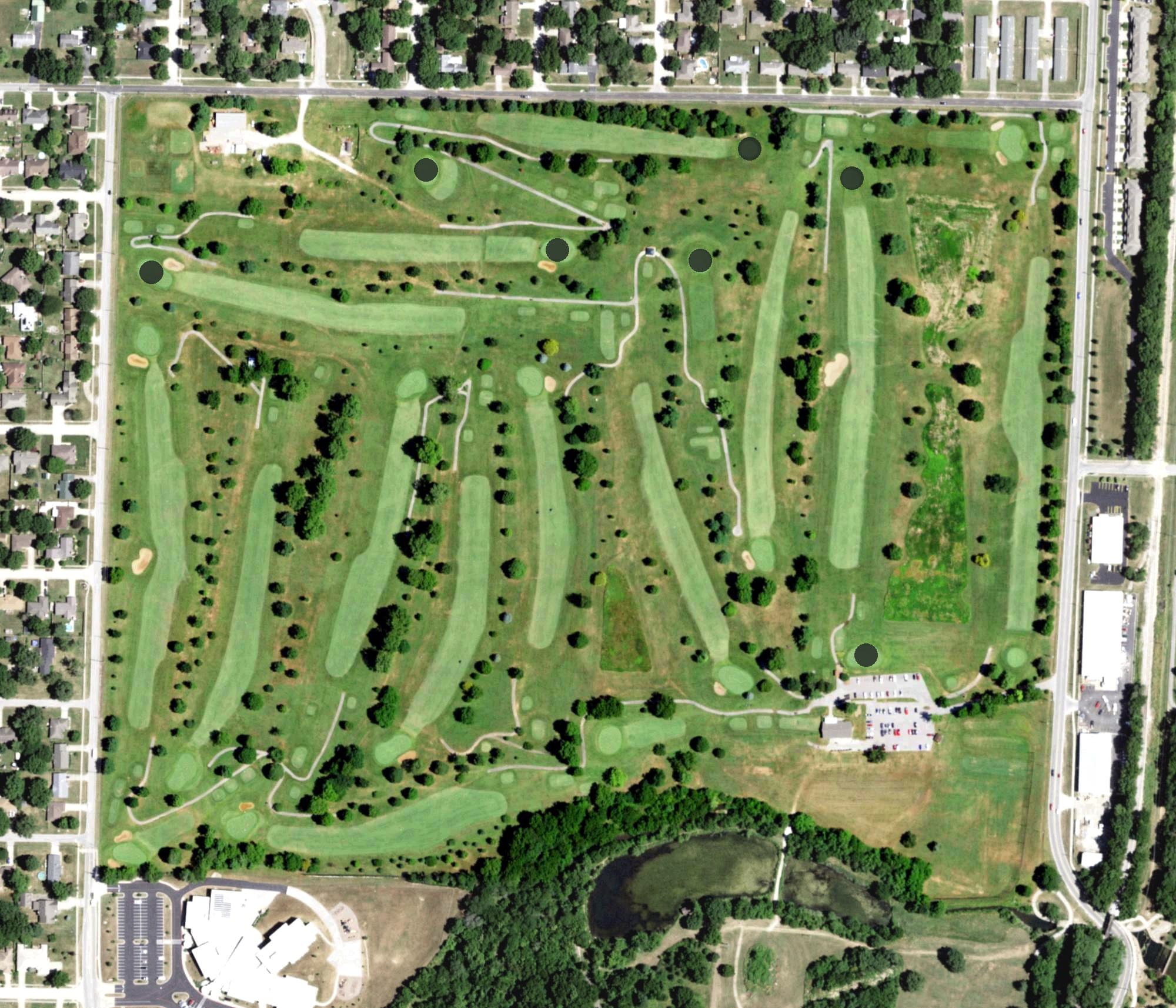Aerial view of Horton Smith Municipal Golf Course, MO, with its hole routing marked