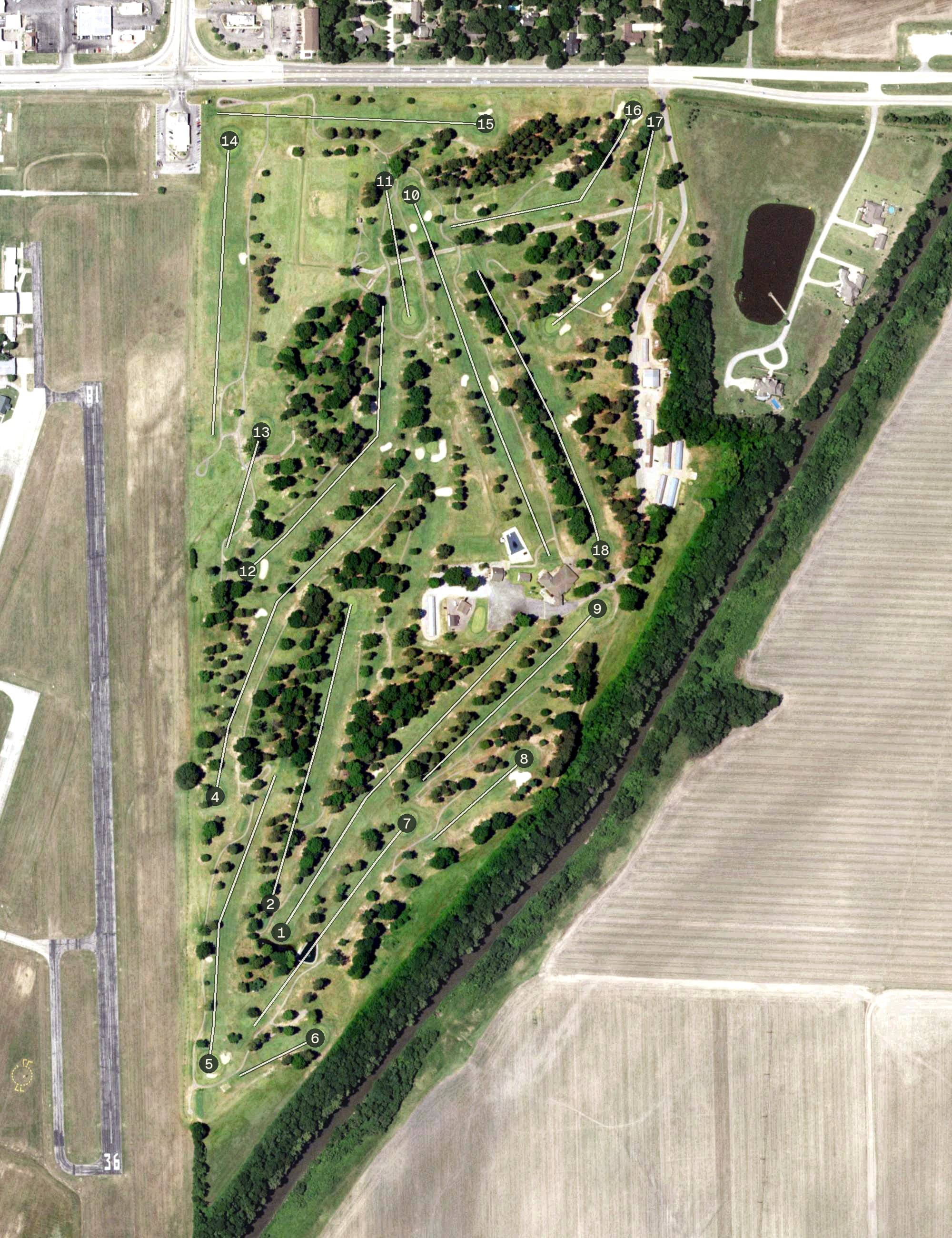 Aerial view of Kennett Country Club, MO, with its hole routing marked