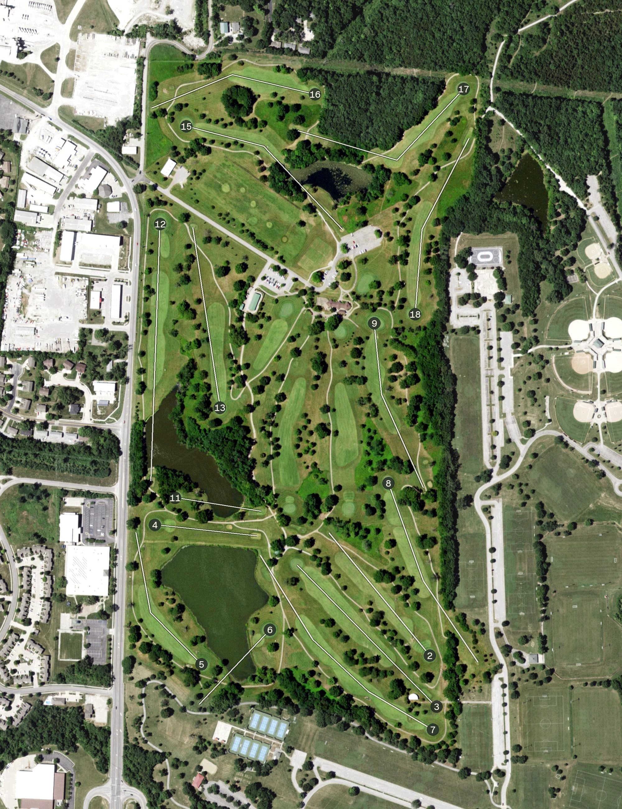 Aerial view of L.A. Nickell Golf Course, MO, with its hole routing marked