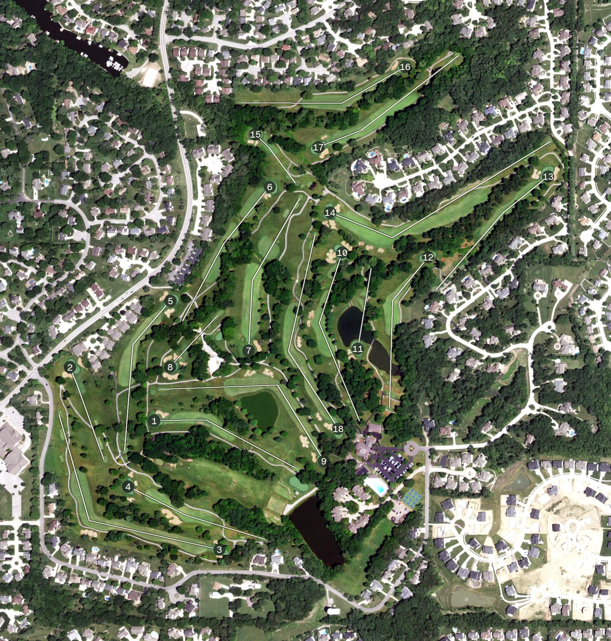 Aerial view of Lake Forest Country Club, MO, with its hole routing marked