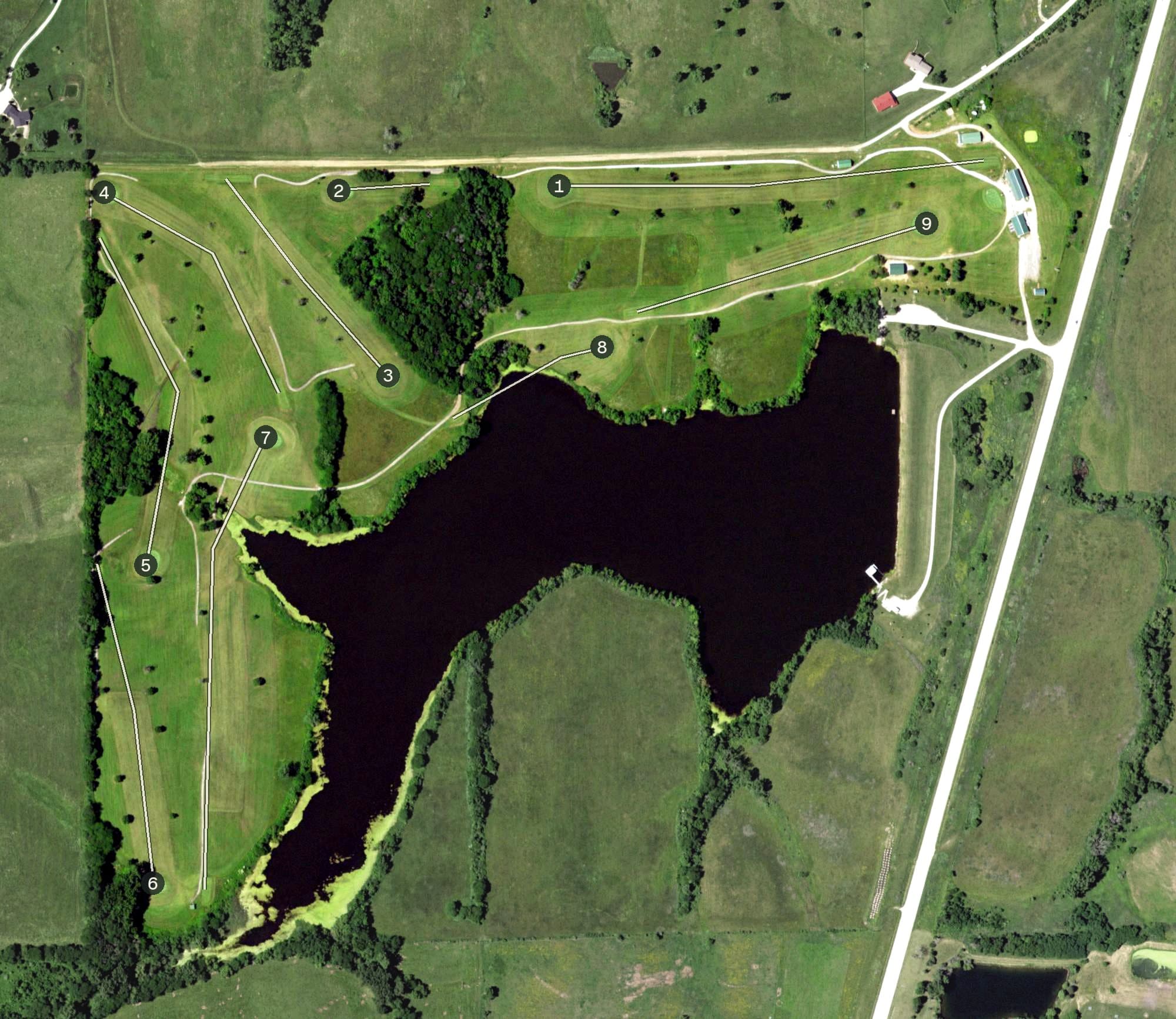 Aerial view of Lancaster Country Club, MO, with its hole routing marked