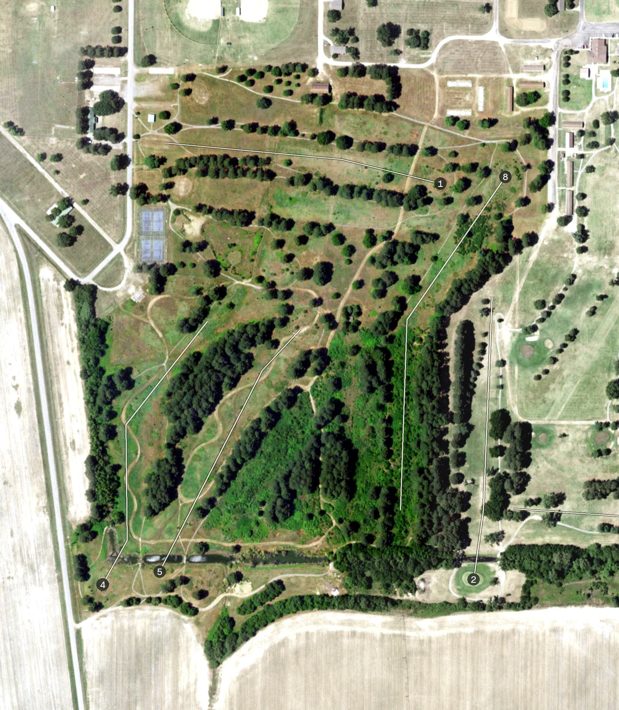 Aerial view of Malden City Golf Course (closed), MO, with its hole routing marked