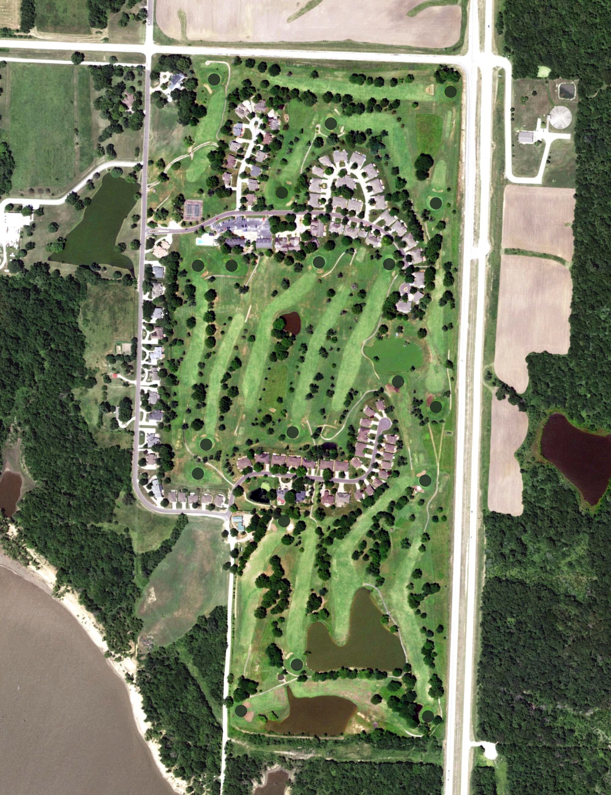 Aerial view of Meadow Lake Country Club, MO, with its hole routing marked