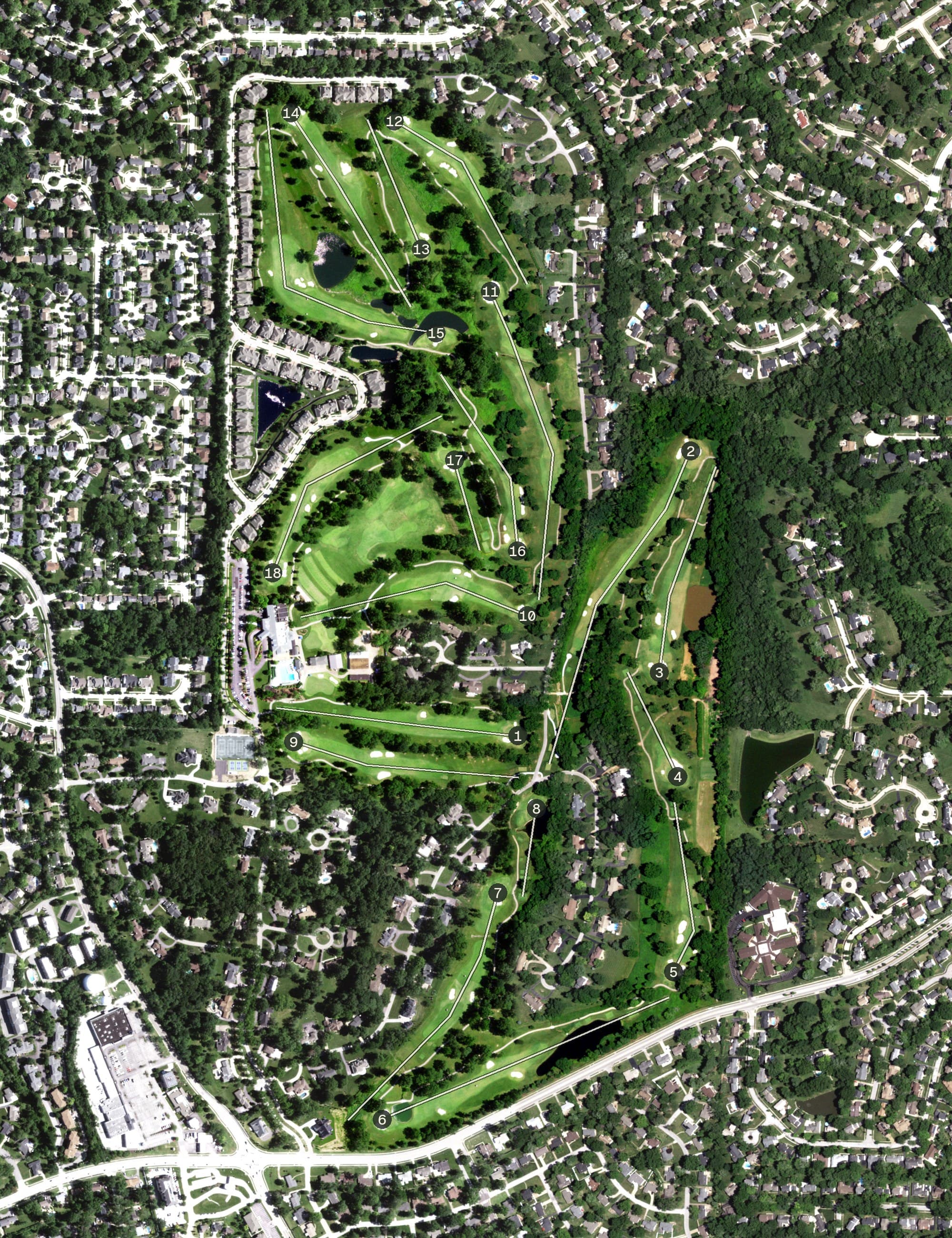 Aerial view of Meadowbrook Country Club, MO, with its hole routing marked