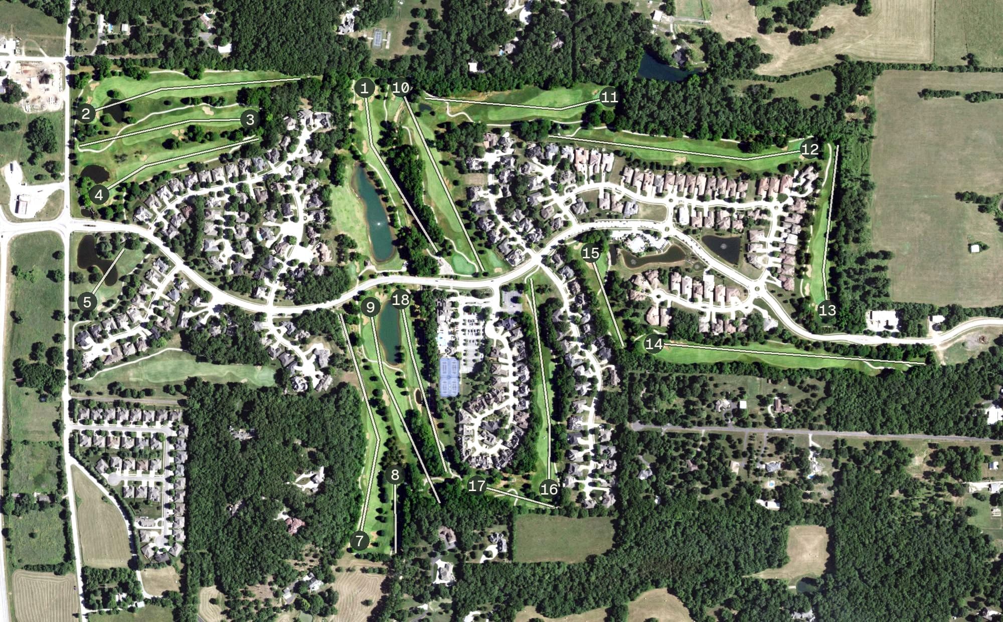 Aerial view of Millwood Gold and Racquet Club, MO, with its hole routing marked