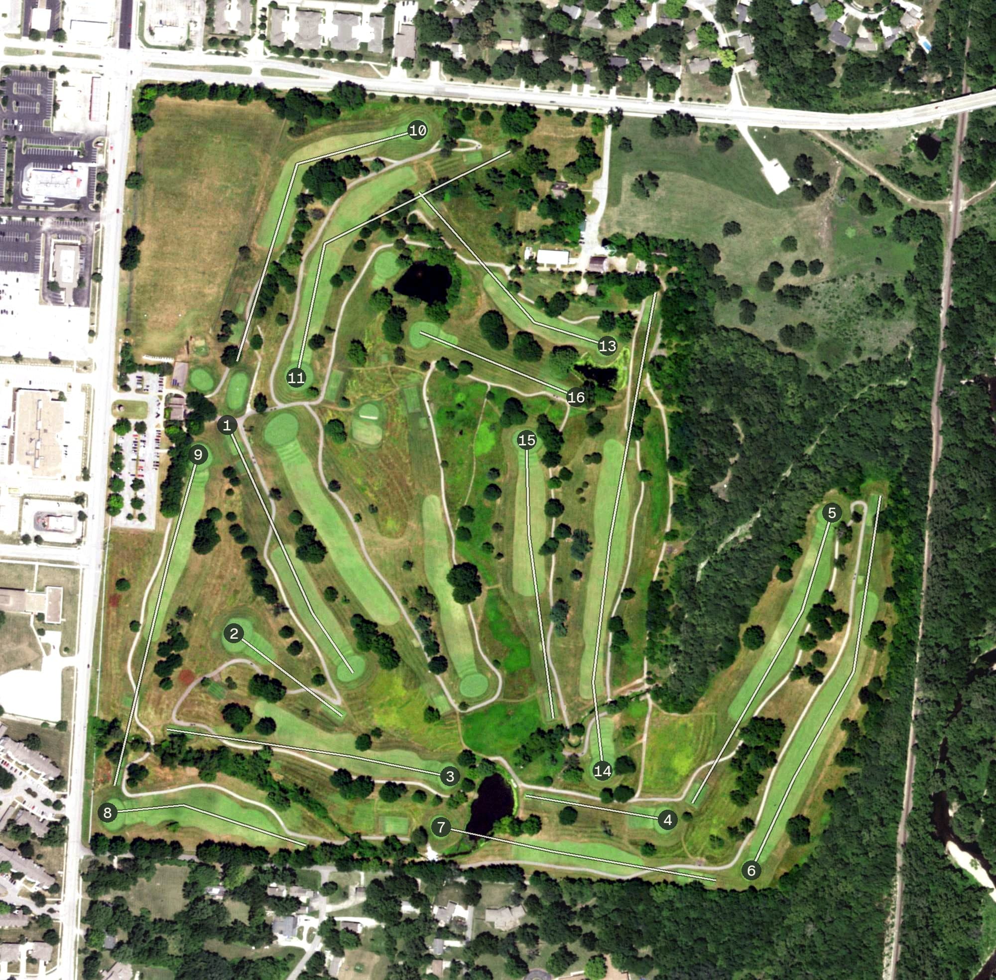 Aerial view of Minor Park Golf Course, MO, with its hole routing marked