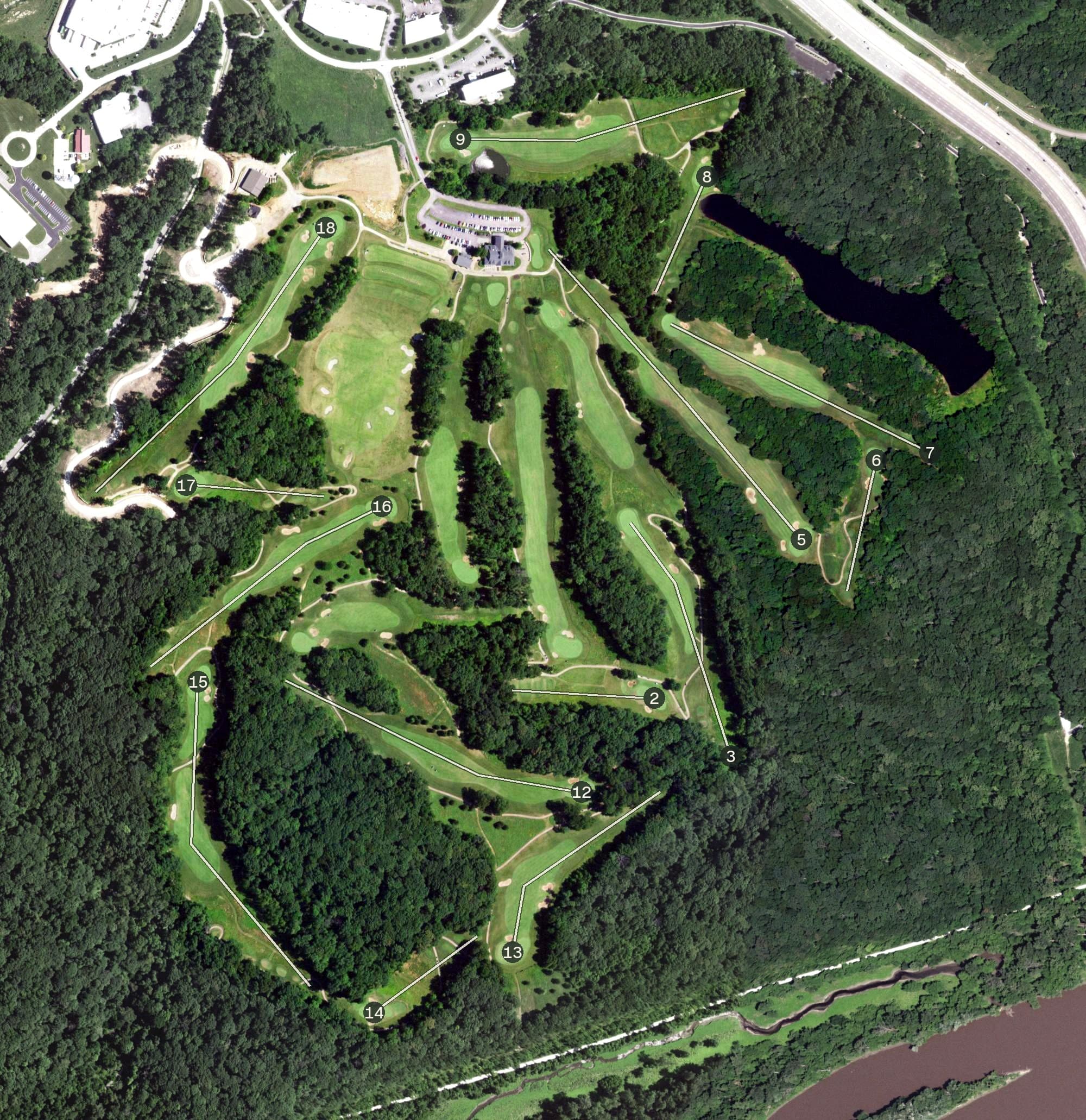 Aerial view of Missouri Bluffs Golf Club, MO, with its hole routing marked