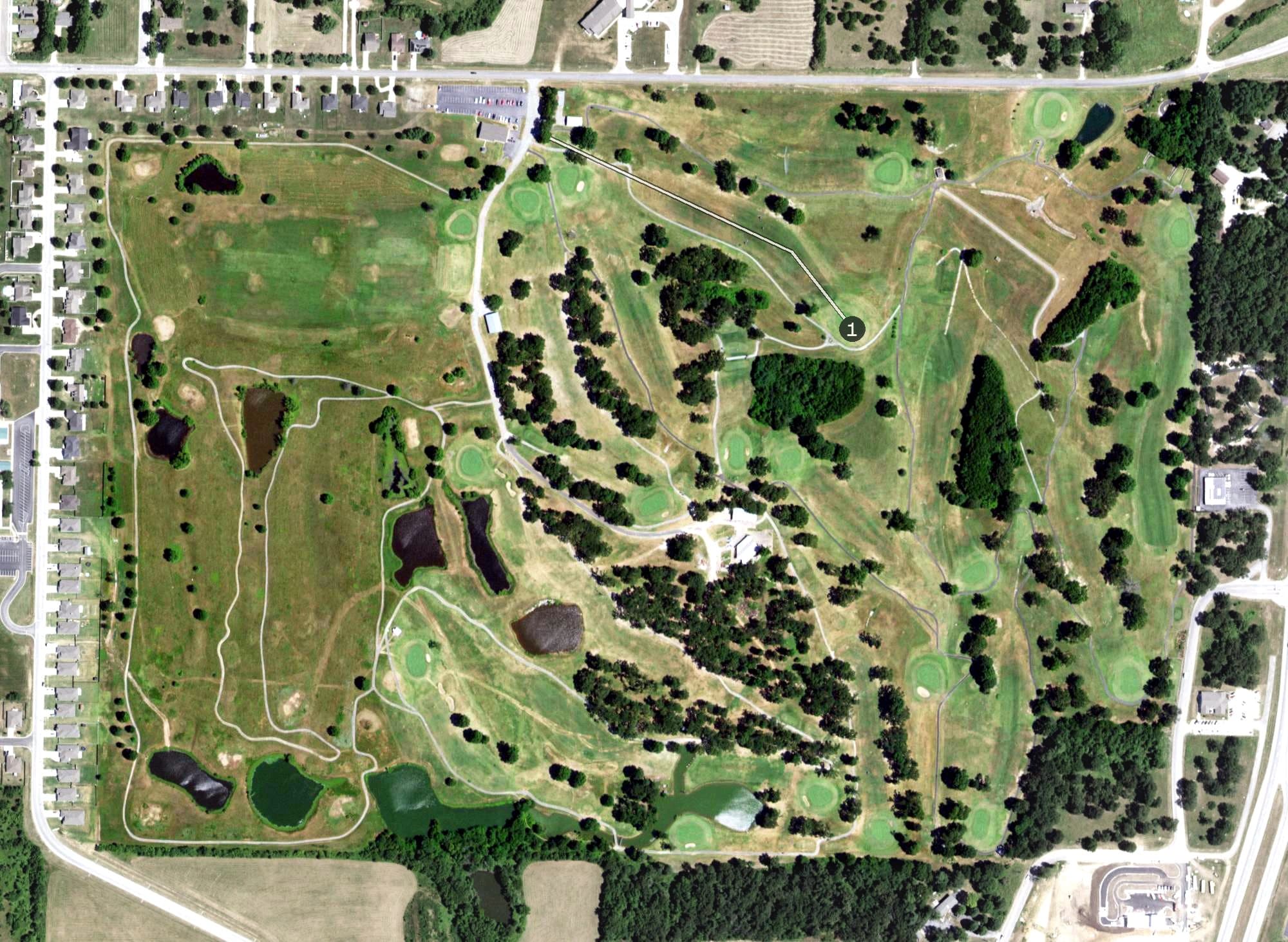 Aerial view of Neosho Golf Club, MO, with its hole routing marked