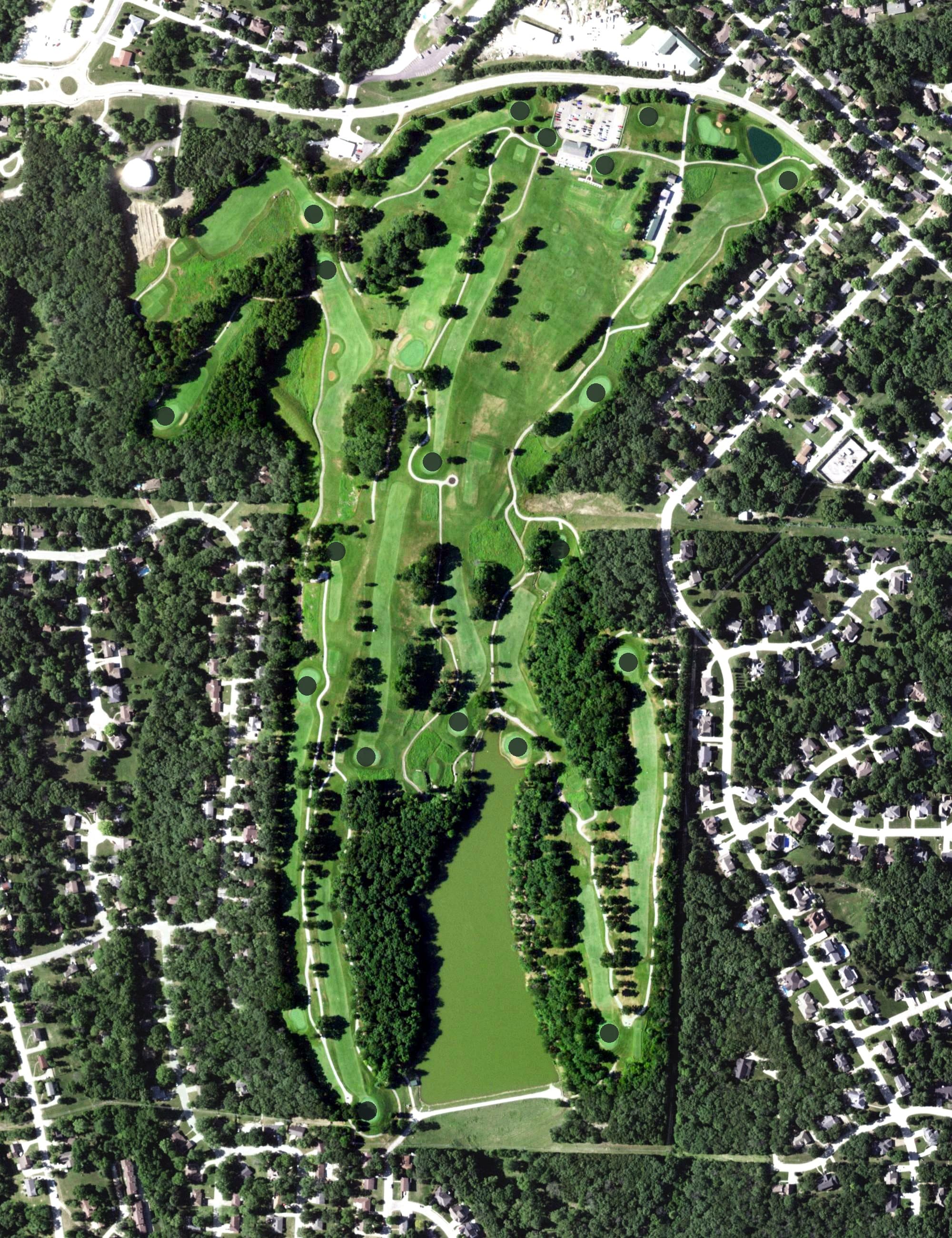 Aerial view of Oak Hills Golf Center, MO, with its hole routing marked