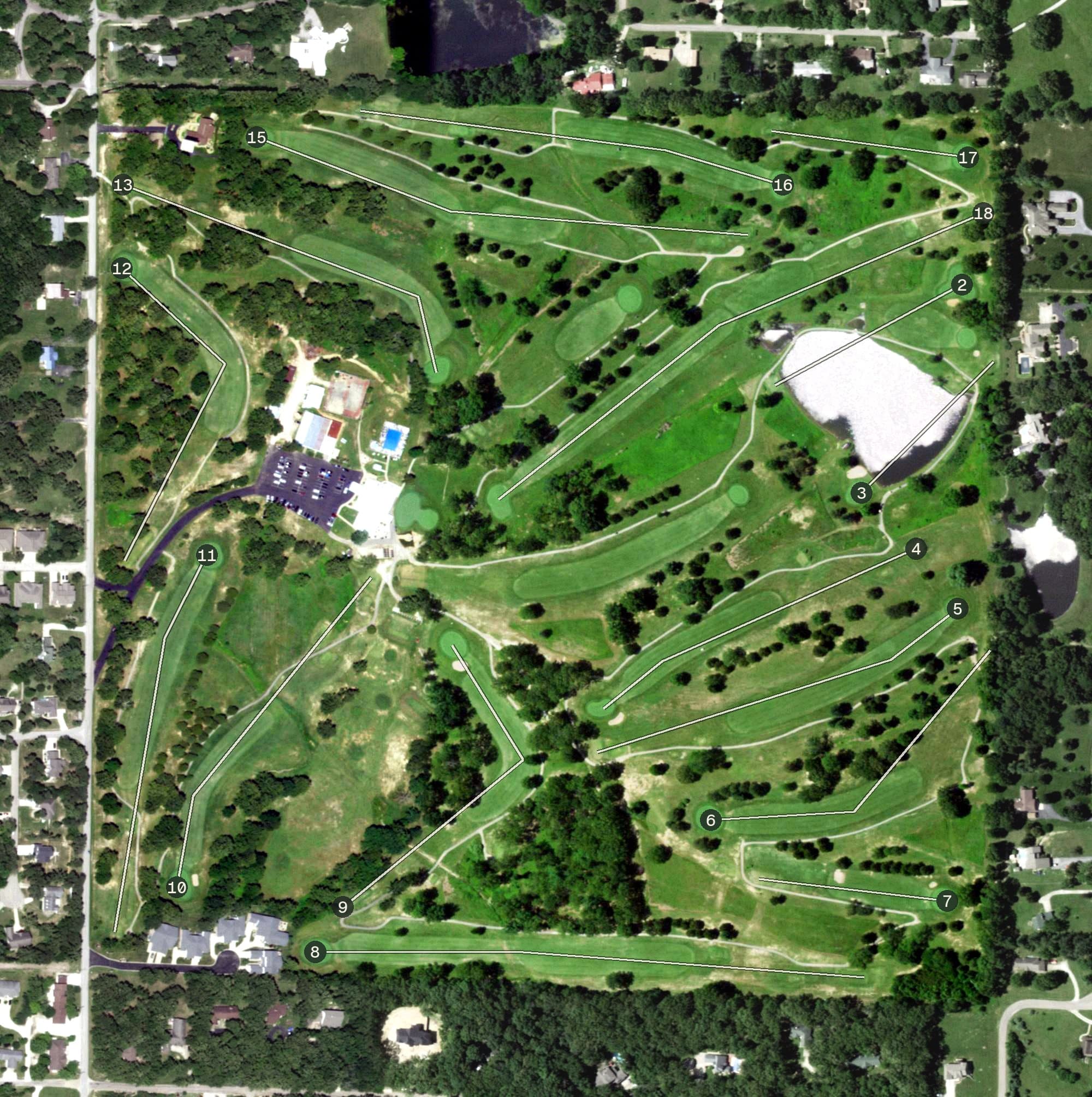 Aerial view of Oak Meadow Country Club, MO, with its hole routing marked