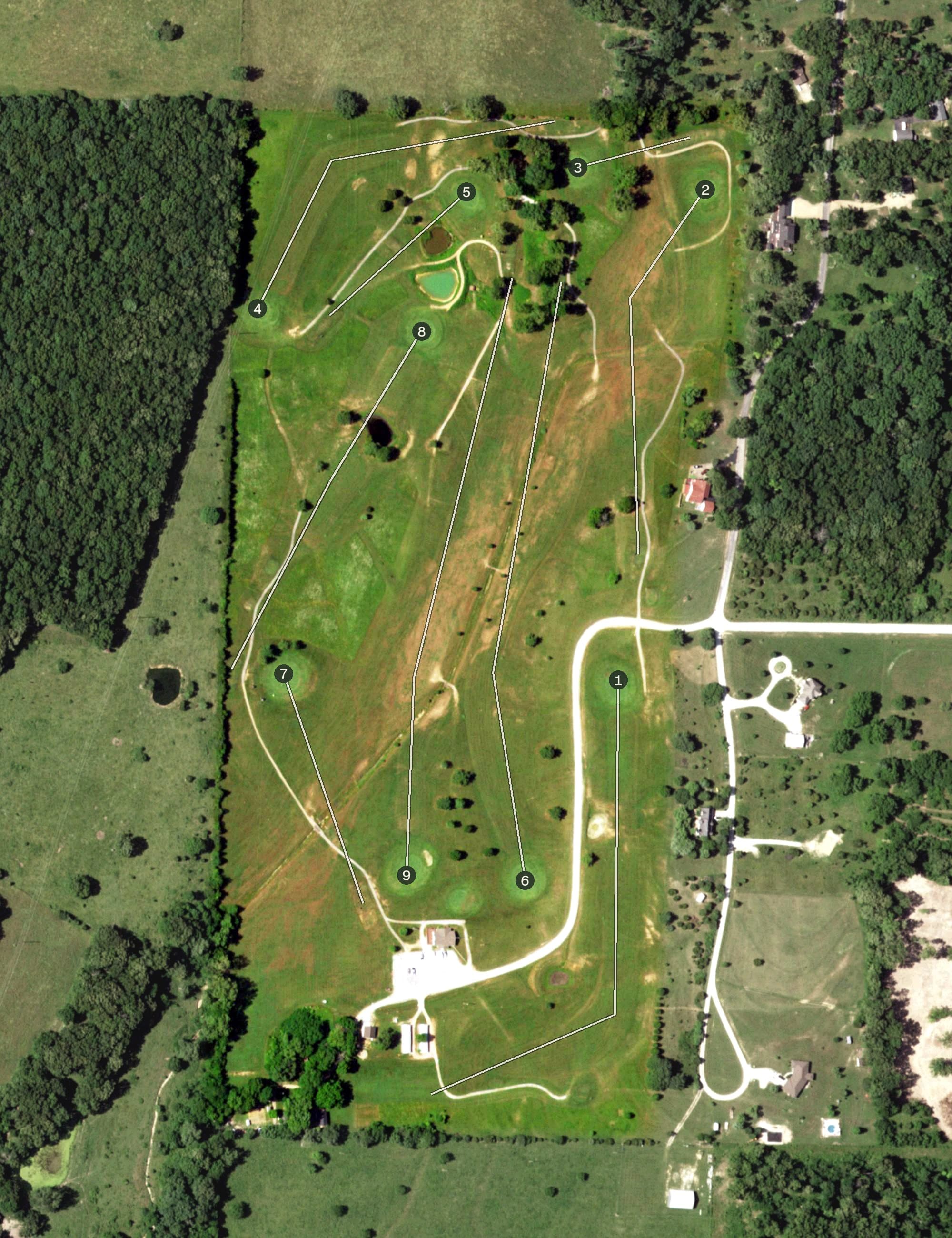 Aerial view of Oakwood Golf Club, MO, with its hole routing marked