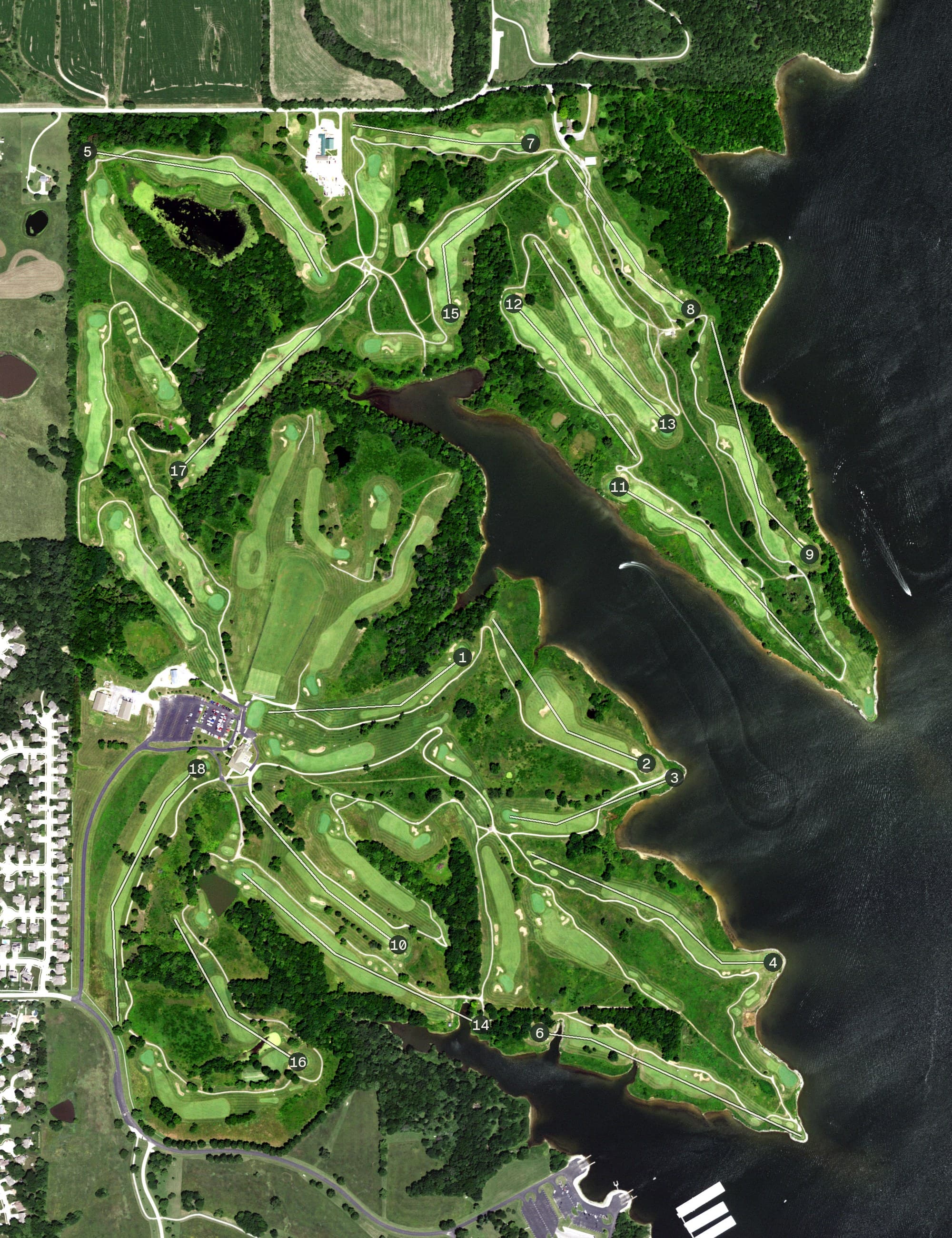 Aerial view of Paradise Point Golf Course, MO, with its hole routing marked