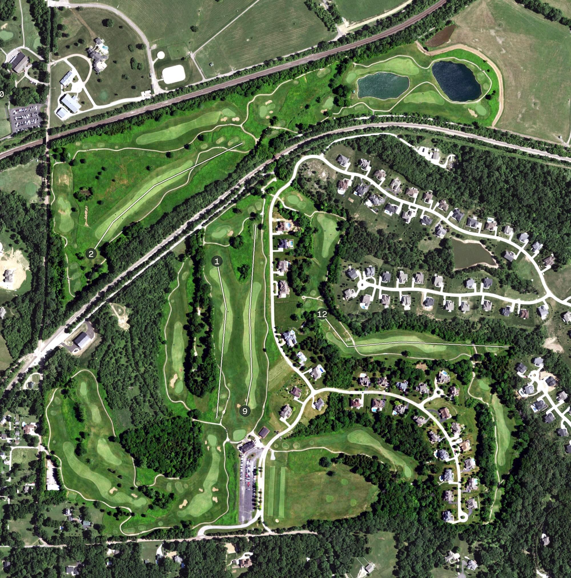 Aerial view of Pevely Farms Golf Course, MO, with its hole routing marked