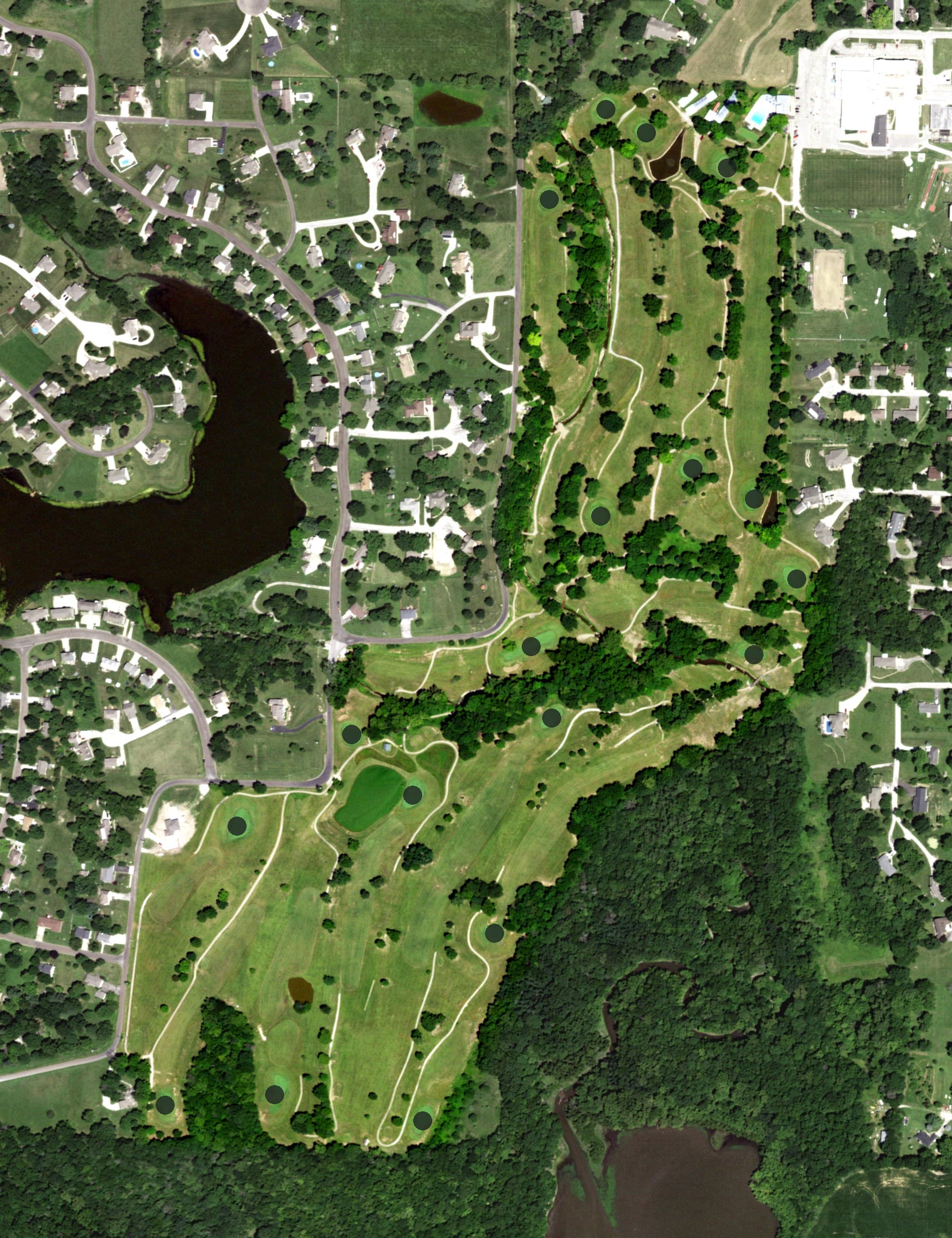 Aerial view of Plattsburg Country Club, MO, with its hole routing marked