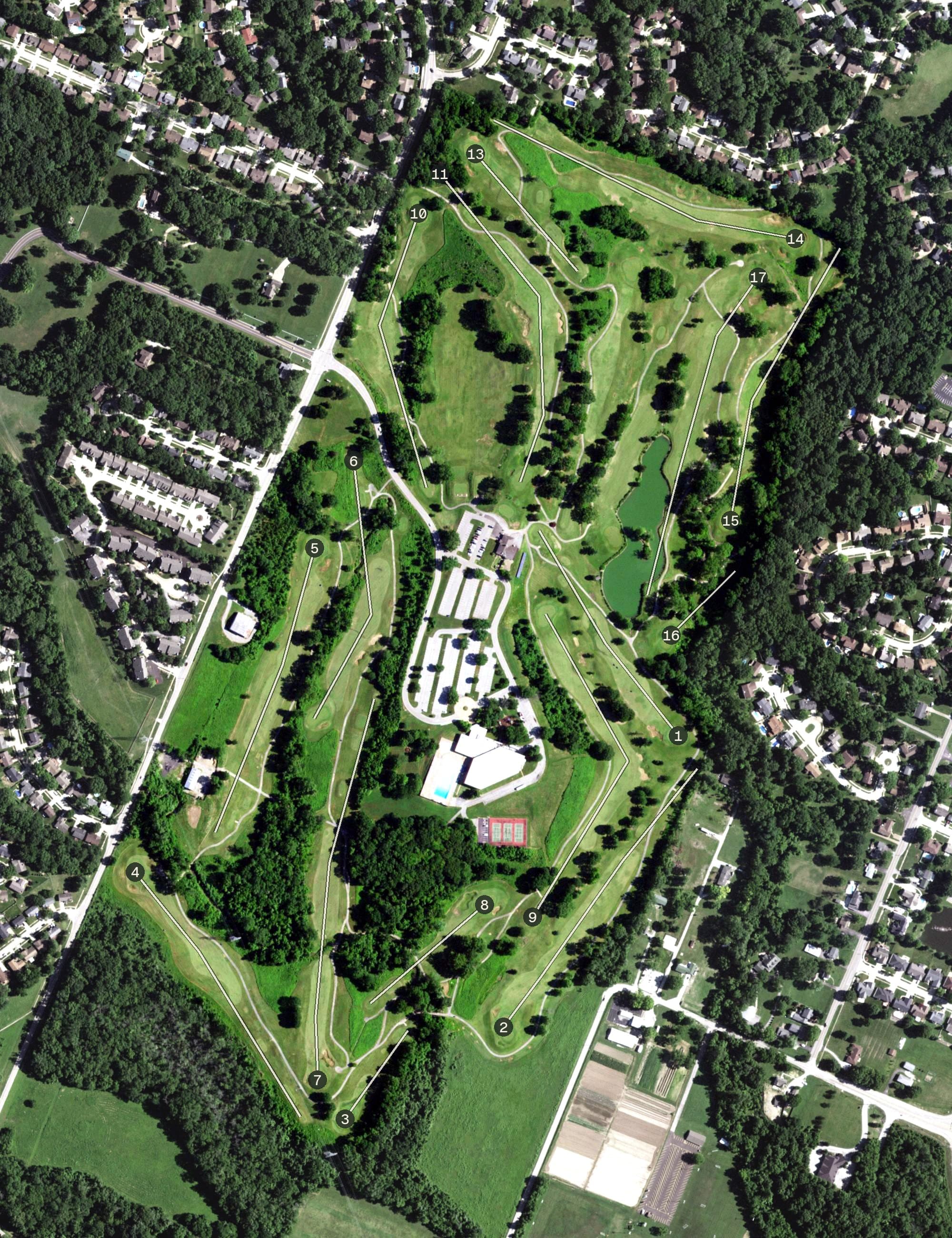 Aerial view of Quail Creek Golf Course, MO, with its hole routing marked
