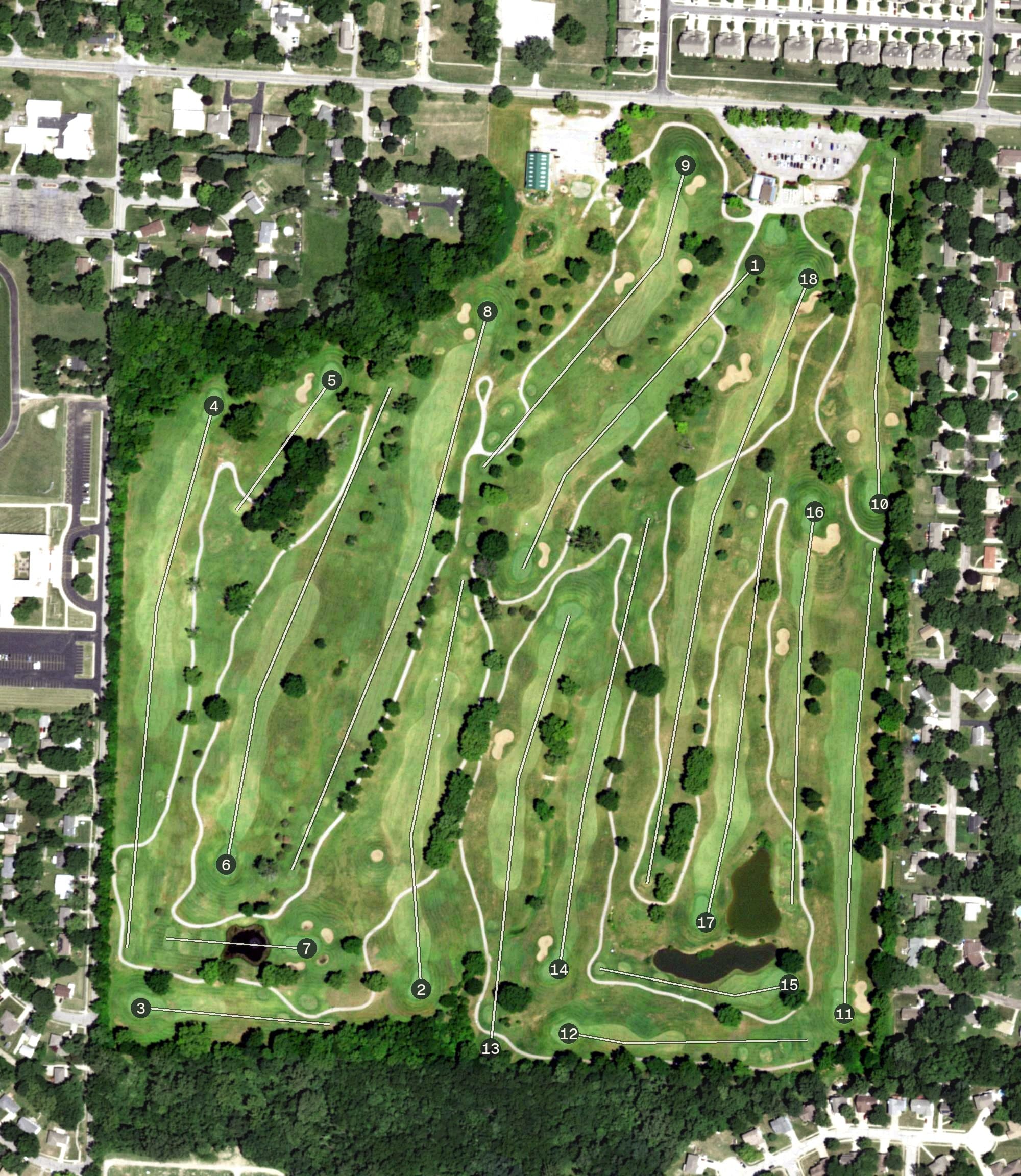 Aerial view of Royal Meadows Golf Club, MO, with its hole routing marked