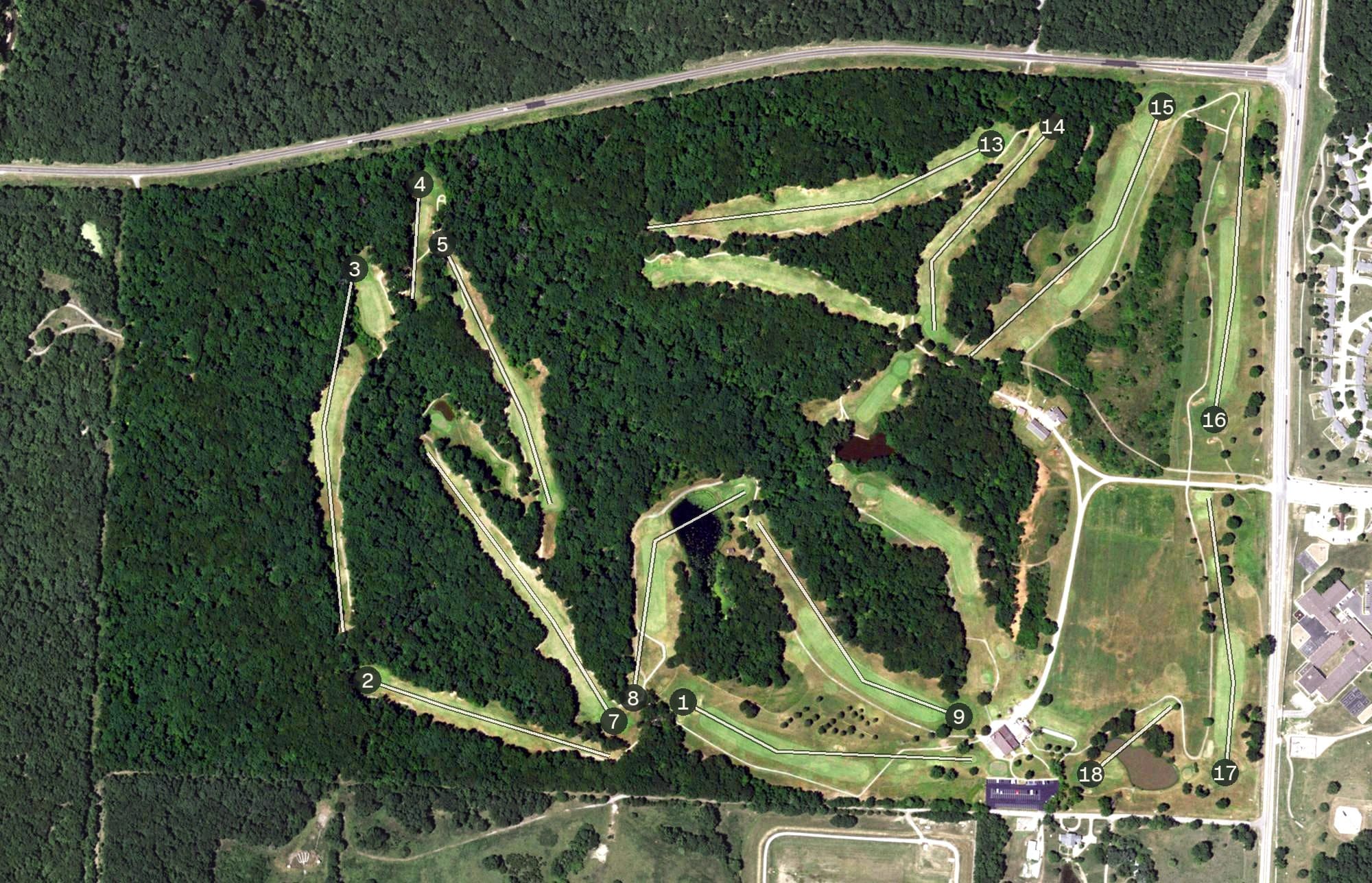 Aerial view of Royal Oaks Golf Course, MO, with its hole routing marked