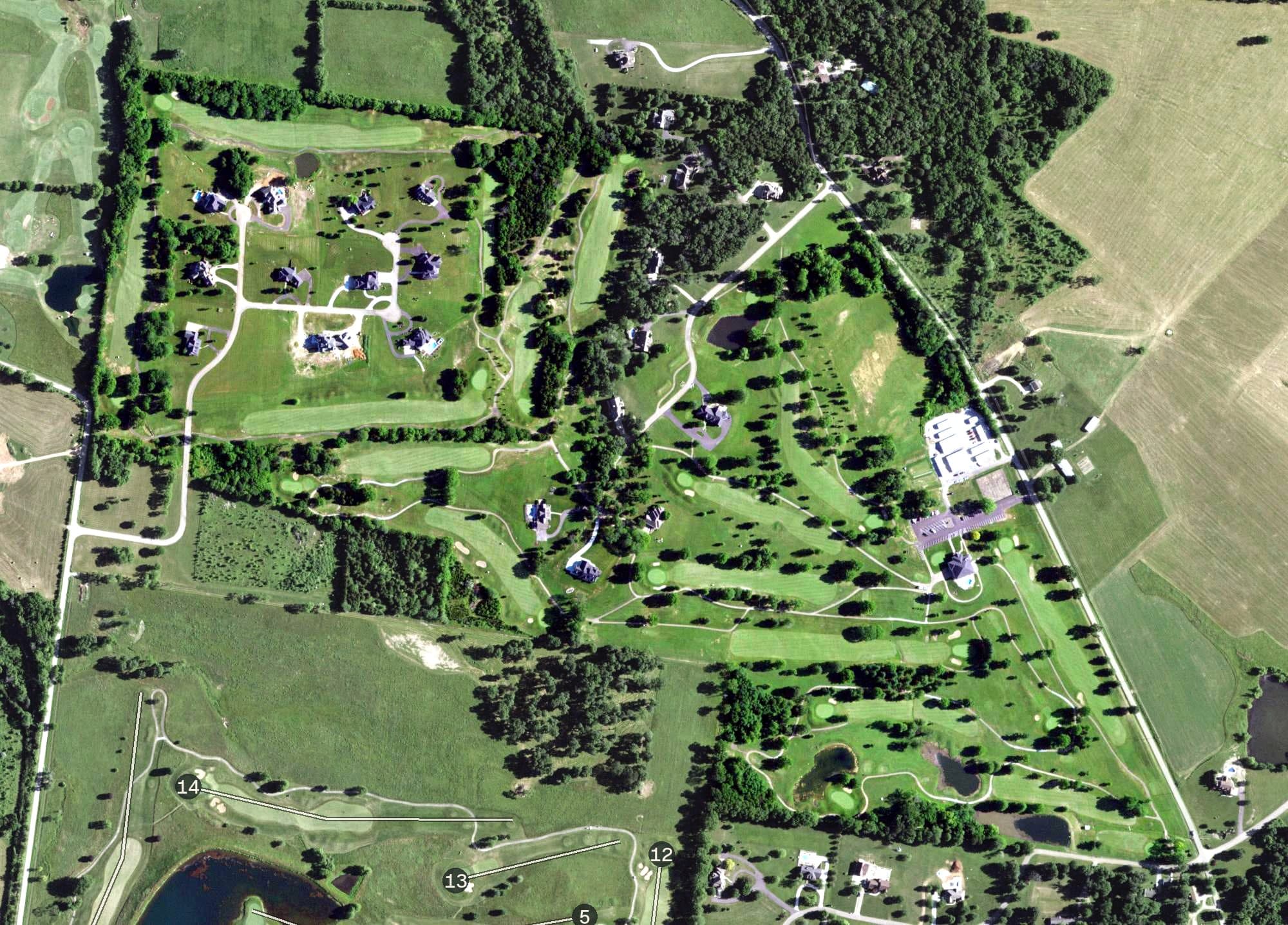 Aerial view of Saint Francois Country Club, MO, with its hole routing marked