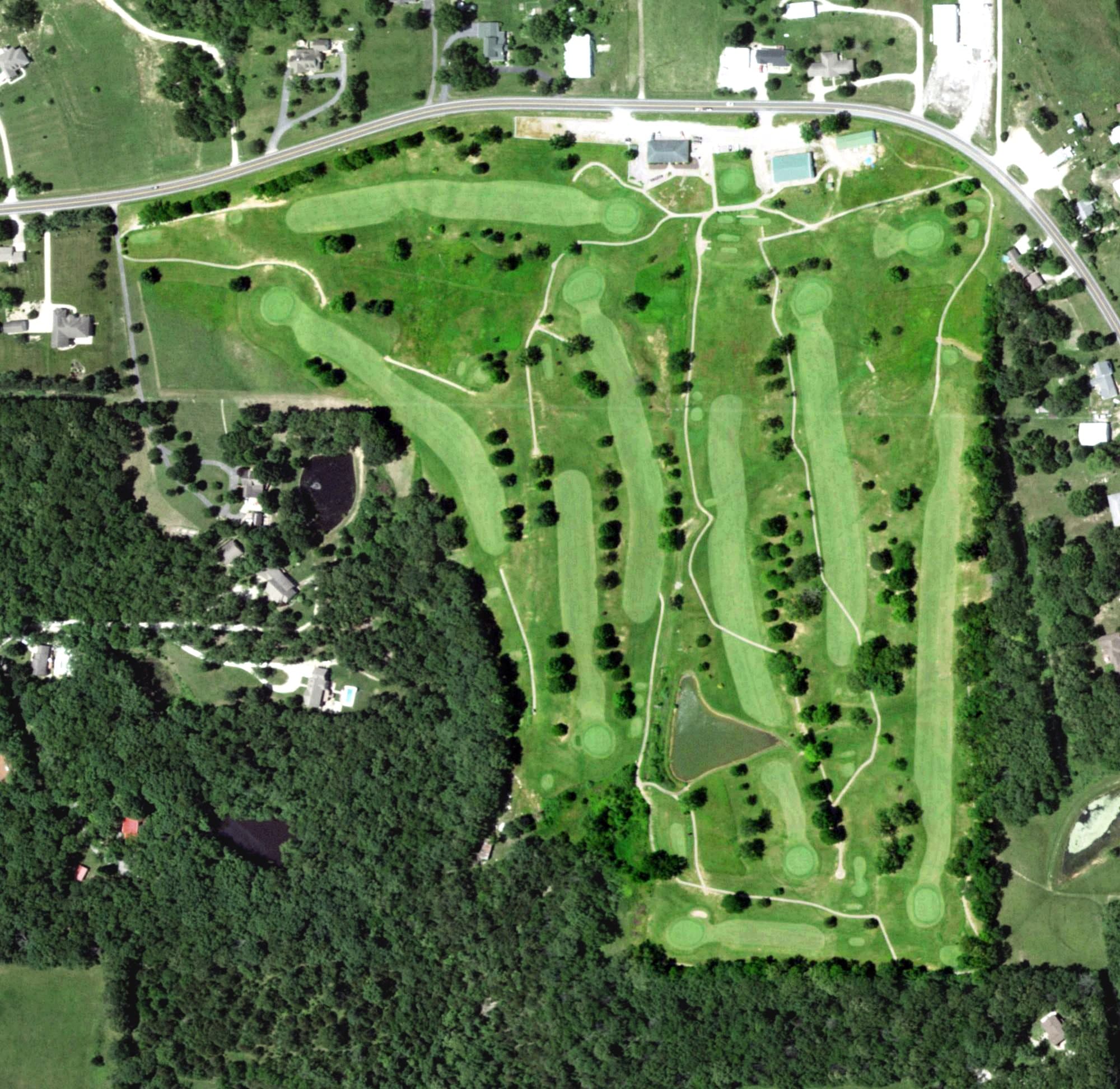 Aerial view of Saint James Golf Club, MO, with its hole routing marked