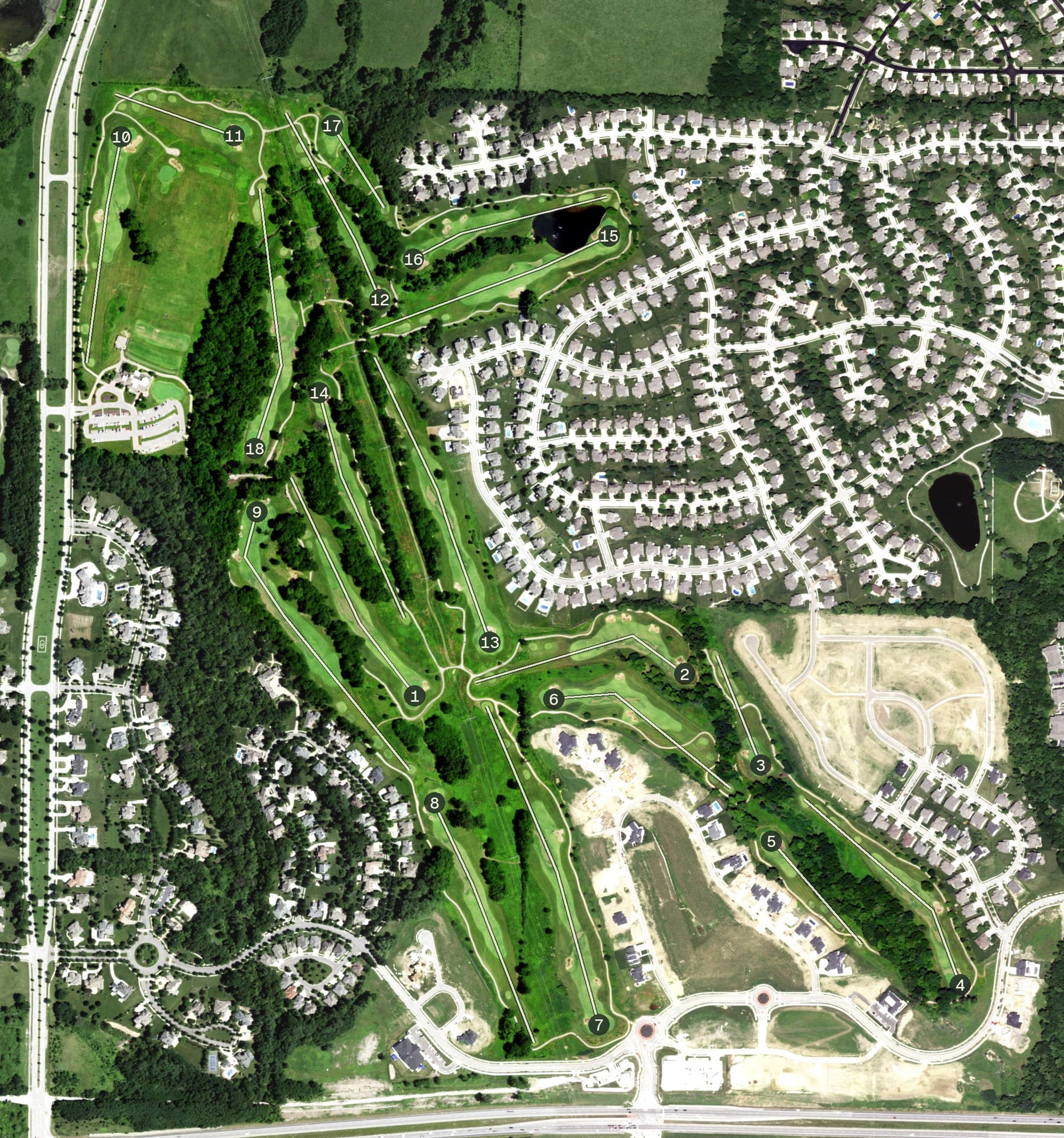 Aerial view of Shoal Creek Golf Course, MO, with its hole routing marked