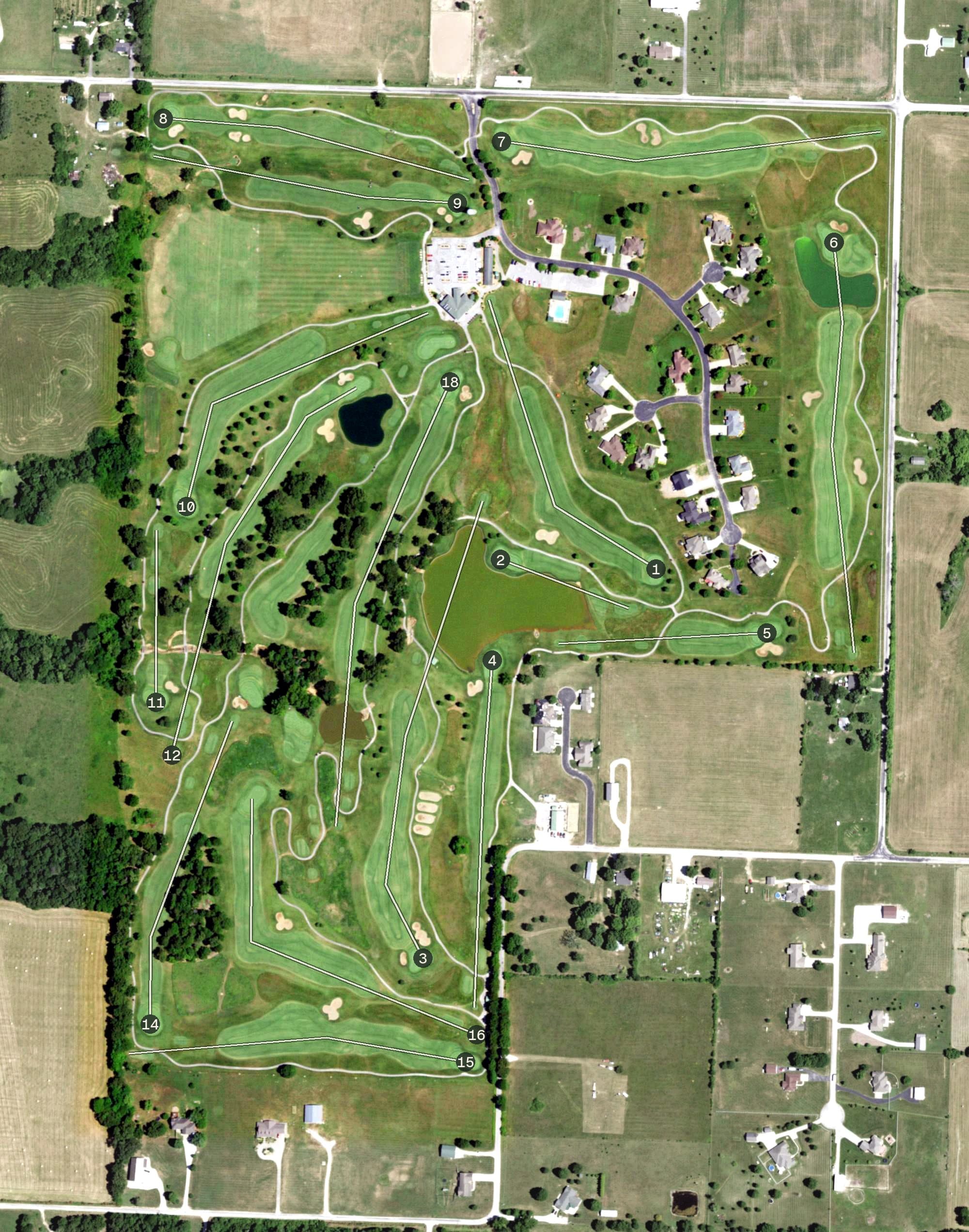 Aerial view of Silo Ridge Country Club, MO, with its hole routing marked