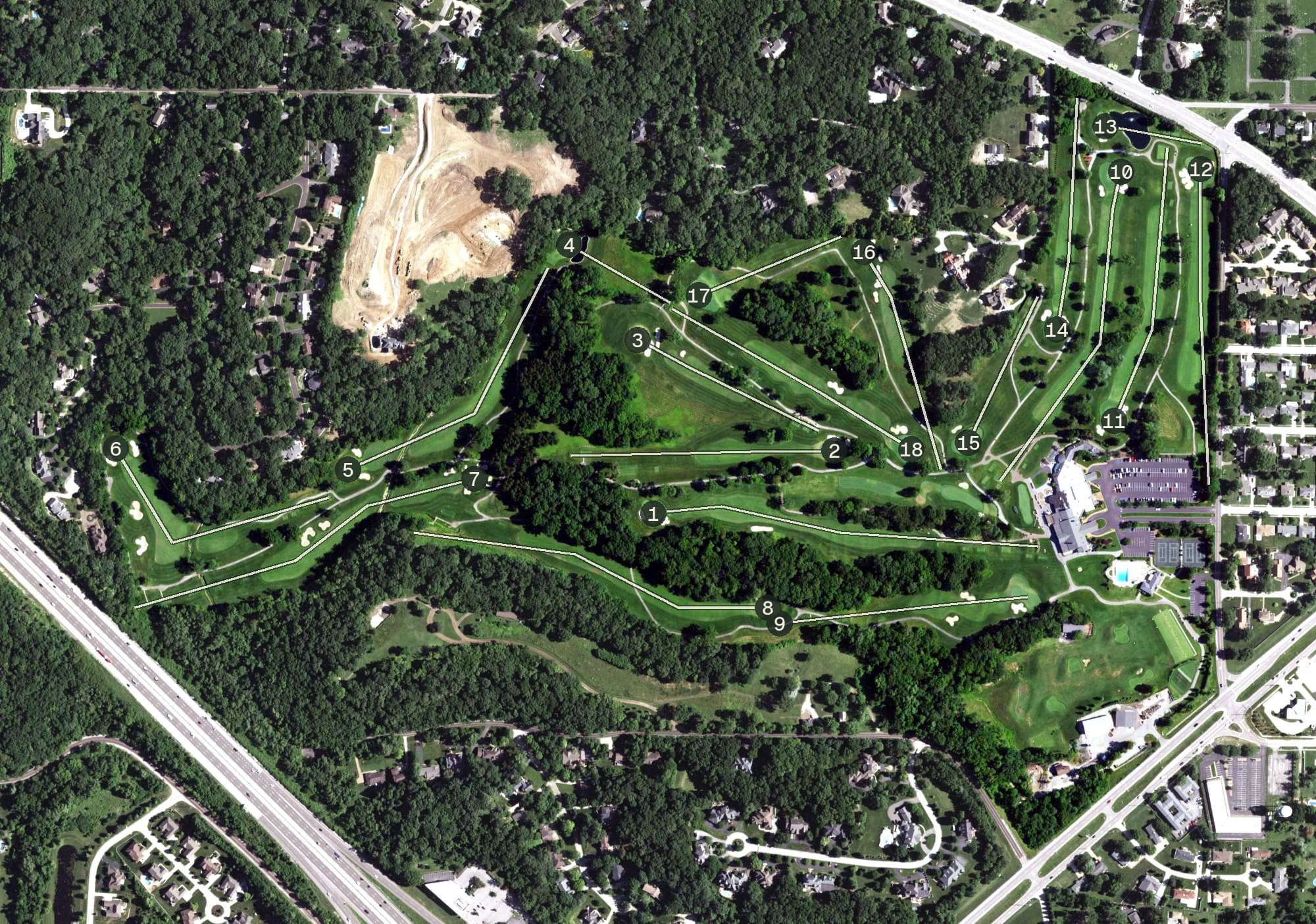 Aerial view of Sunset Country Club, MO, with its hole routing marked