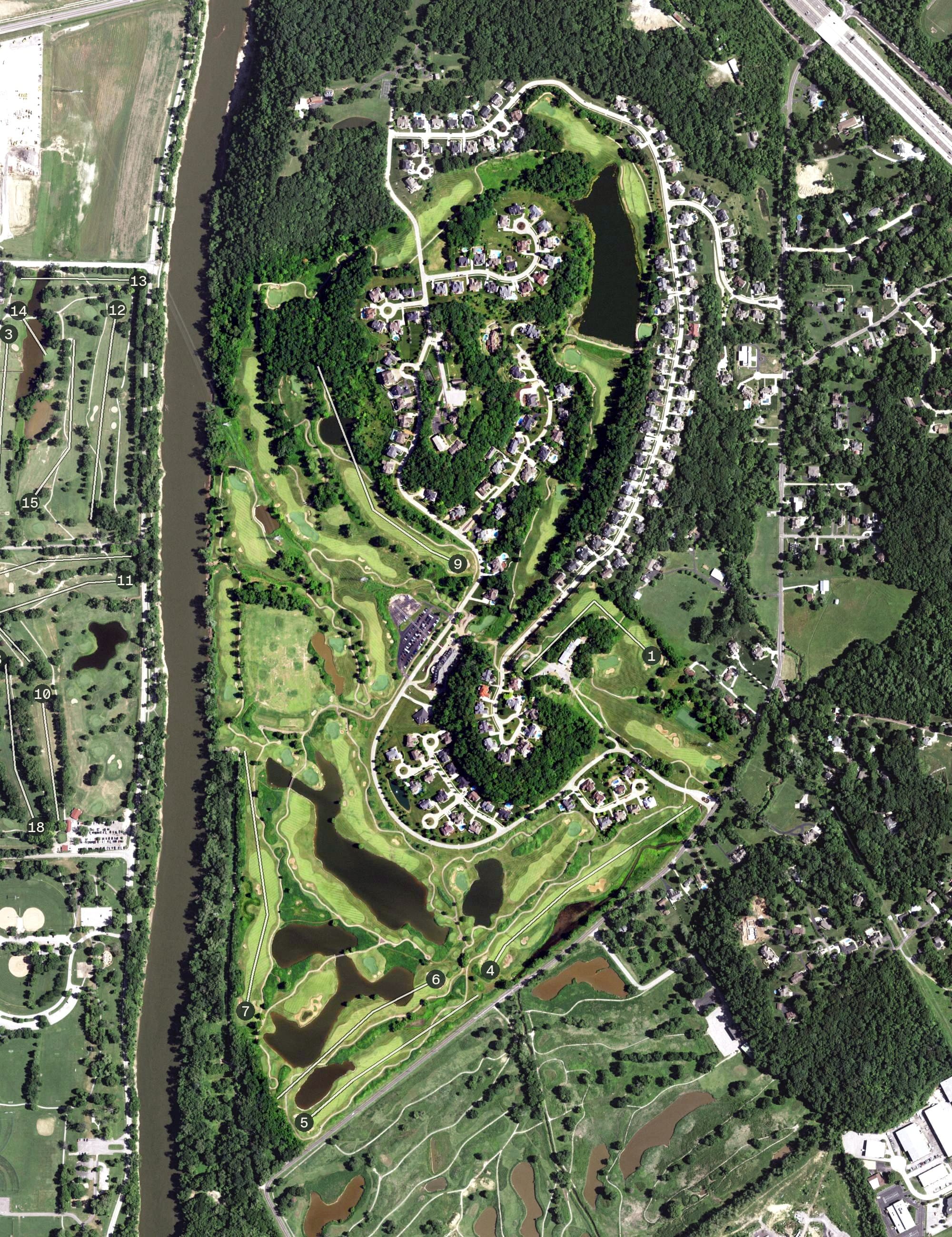 Aerial view of Tapawingo National Golf Club, MO, with its hole routing marked