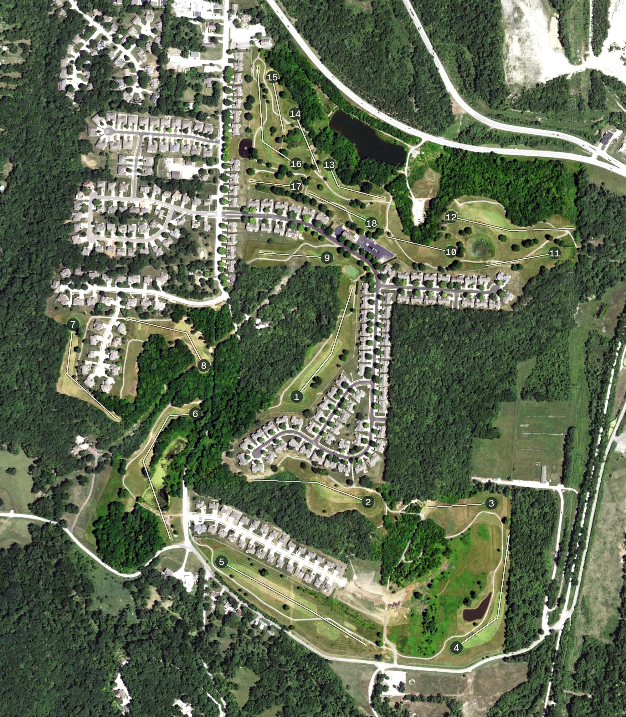 Aerial view of Teetering Rocks Golf Course, MO, with its hole routing marked
