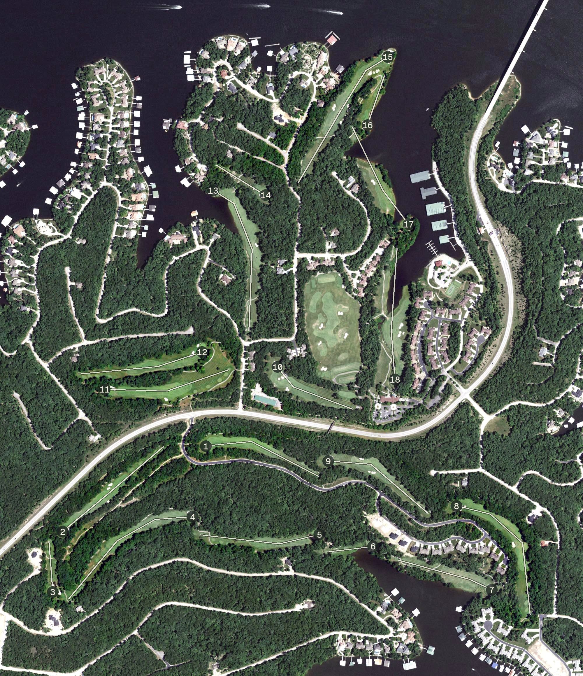 Aerial view of The Club at Porto Cima, MO, with its hole routing marked