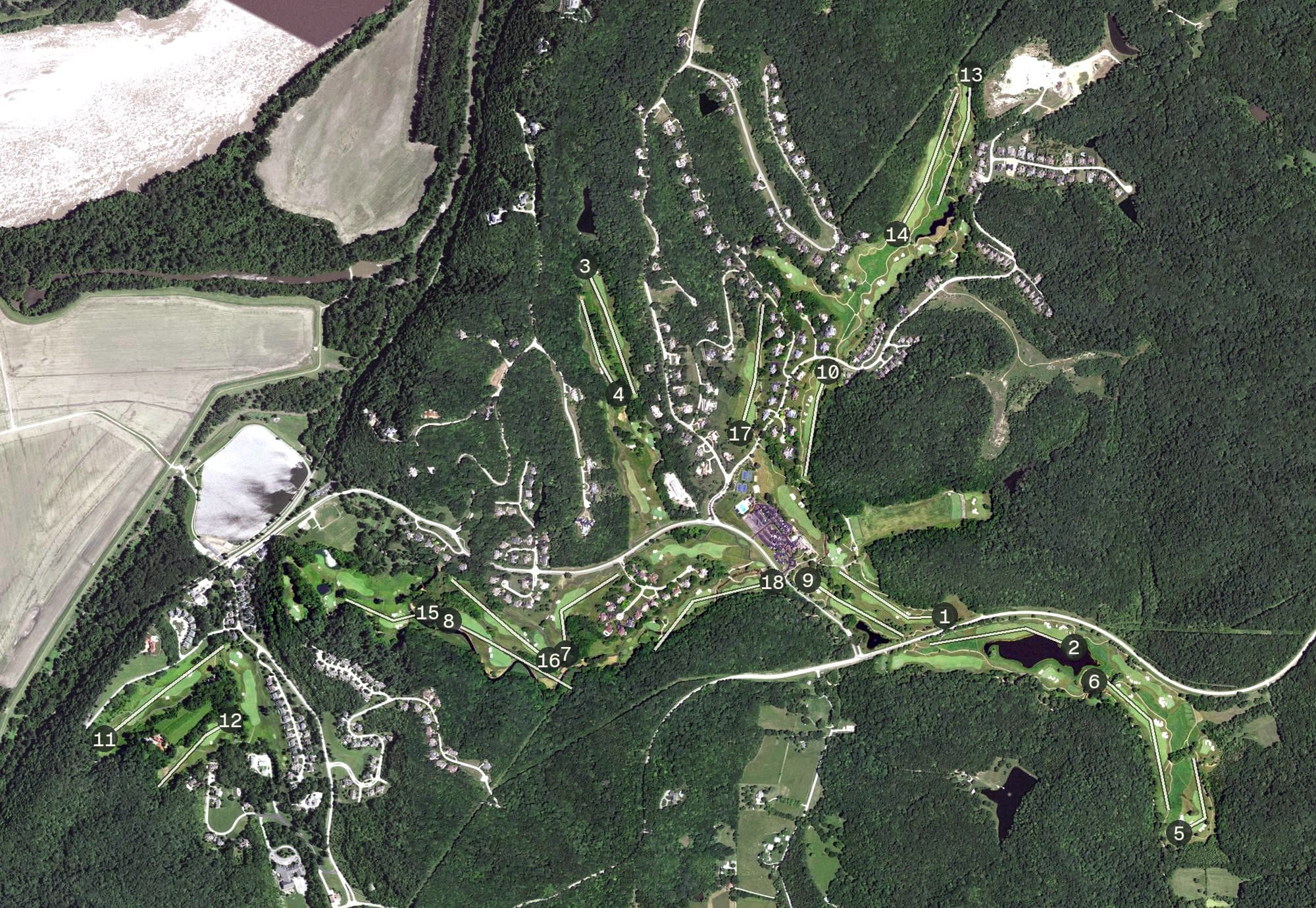 Aerial view of The Country Club of Saint Albans, MO, with its hole routing marked