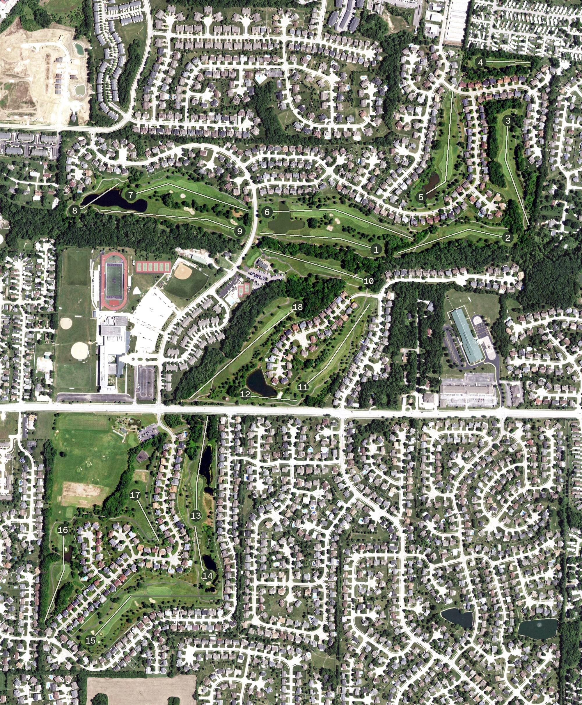 Aerial view of The Falls Golf Club, MO, with its hole routing marked