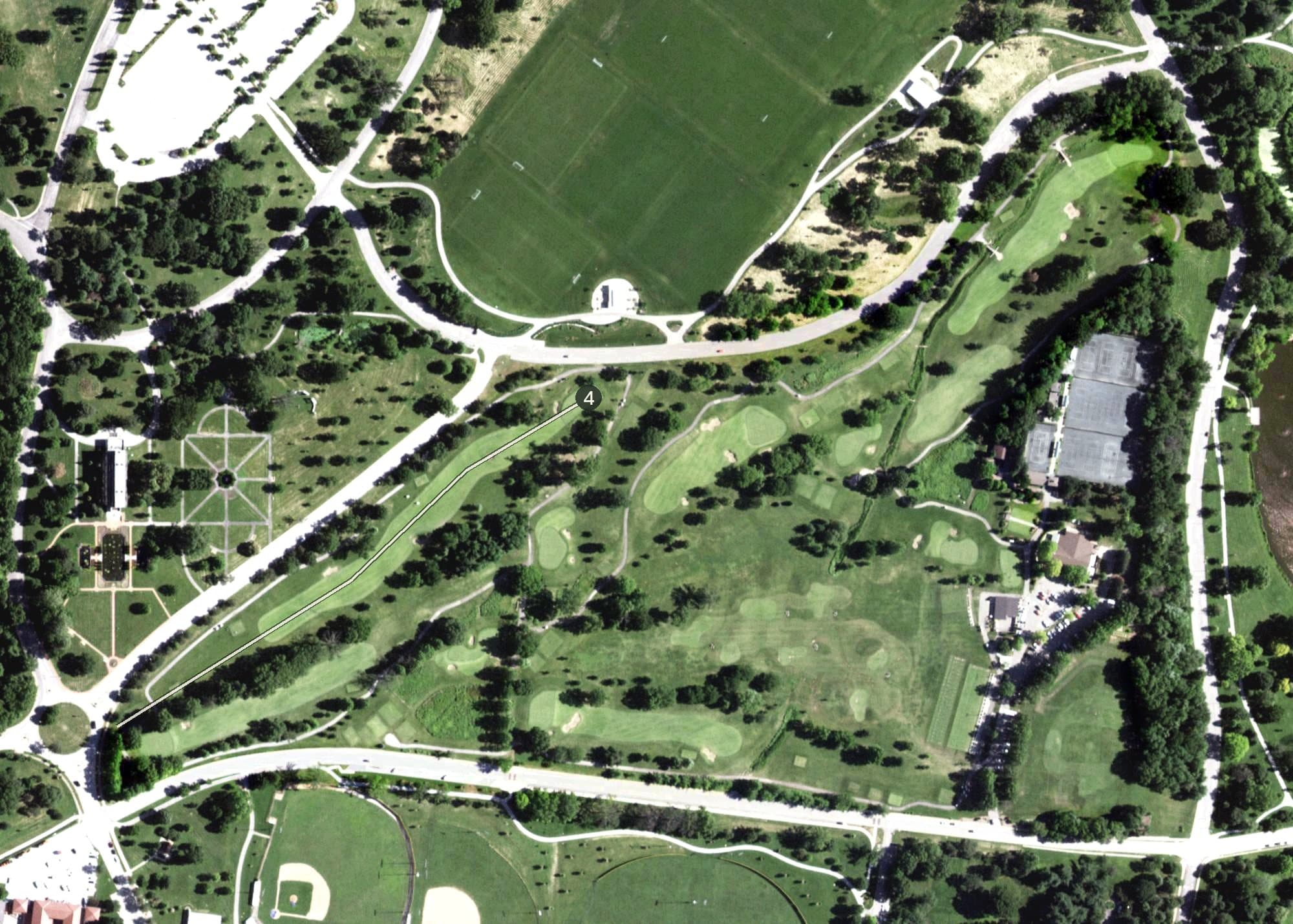 Aerial view of The Highlands Golf Course, MO, with its hole routing marked