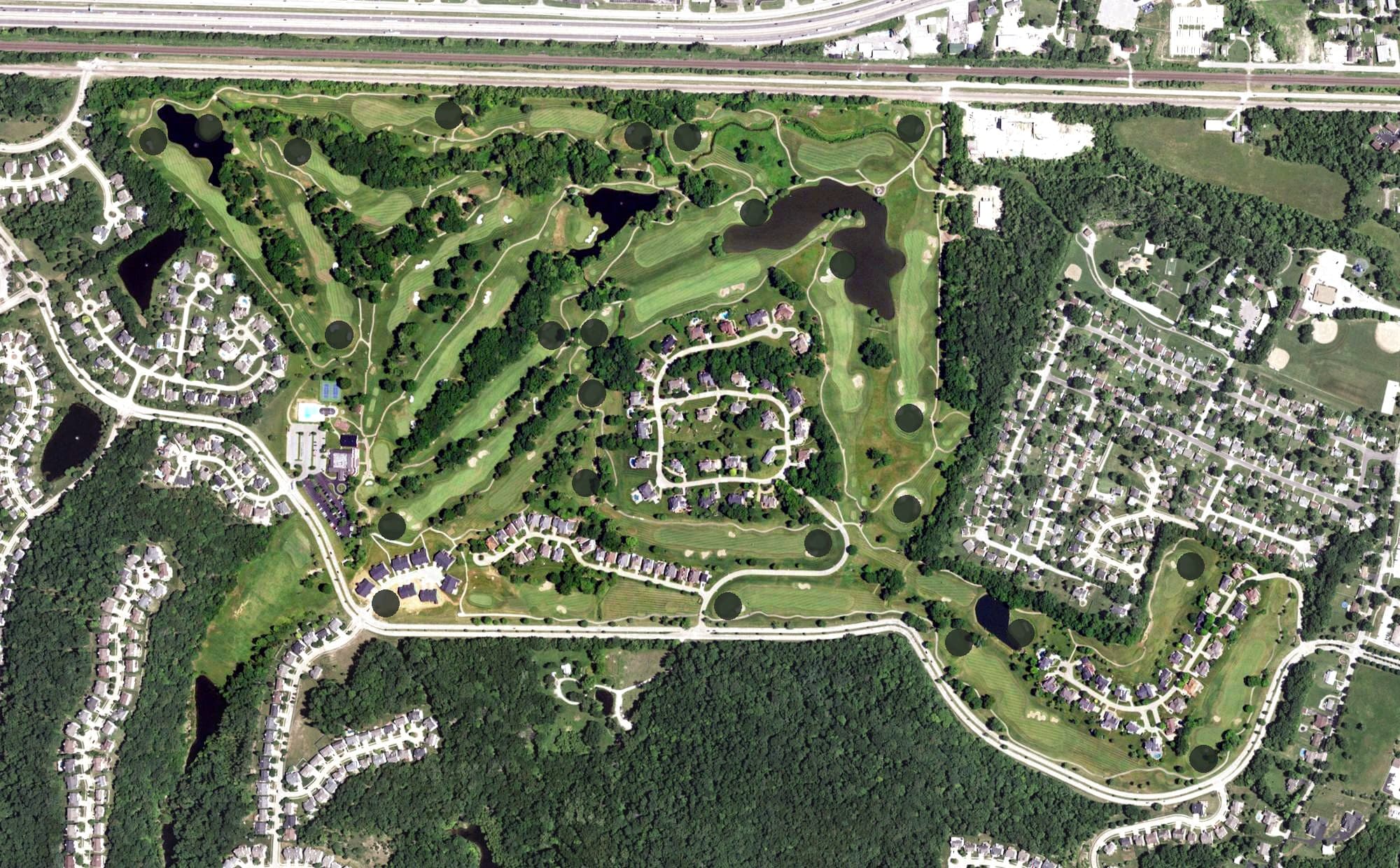 Aerial view of The Legends Golf Club, MO, with its hole routing marked