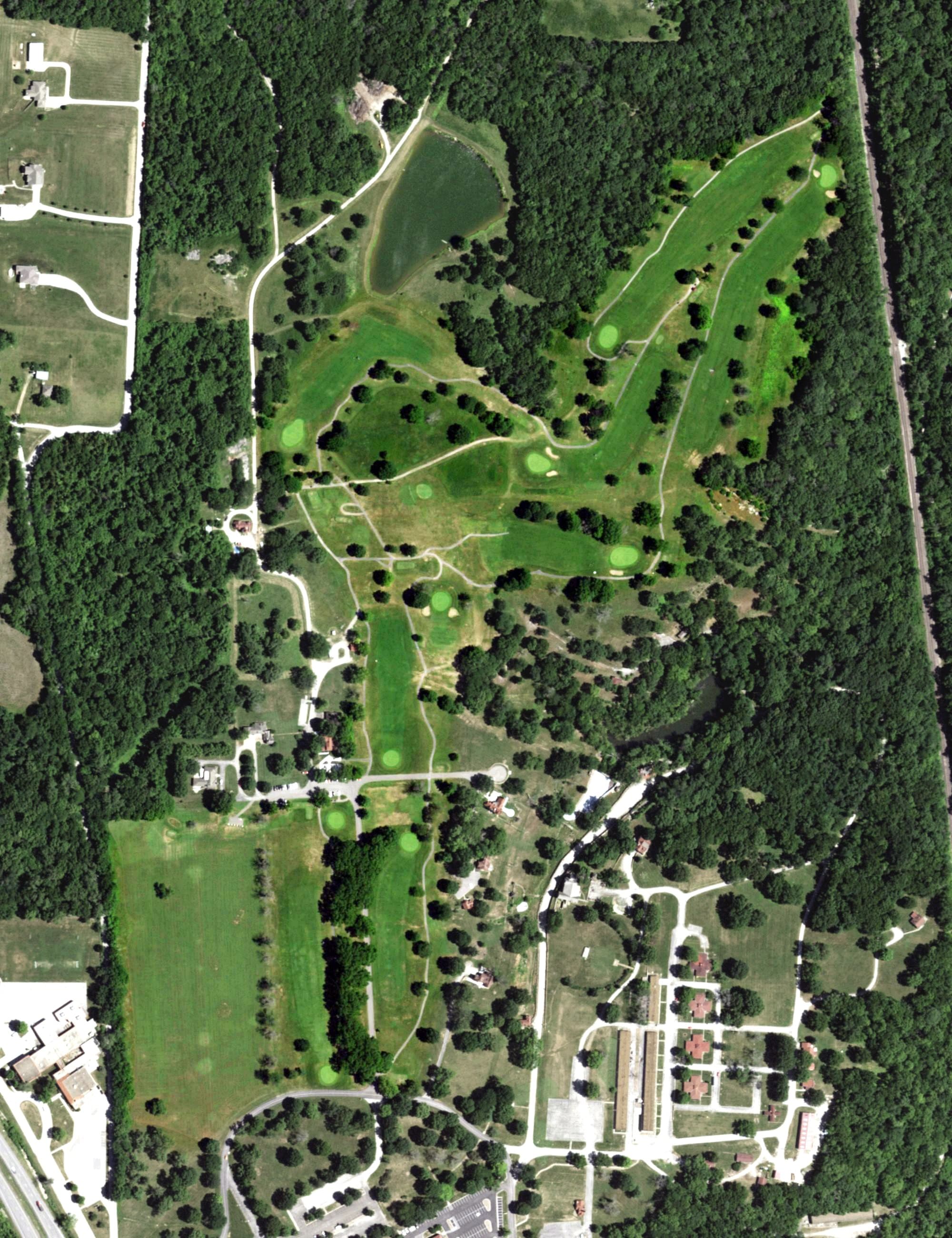 Aerial view of The Unity Village Golf Course, MO, with its hole routing marked