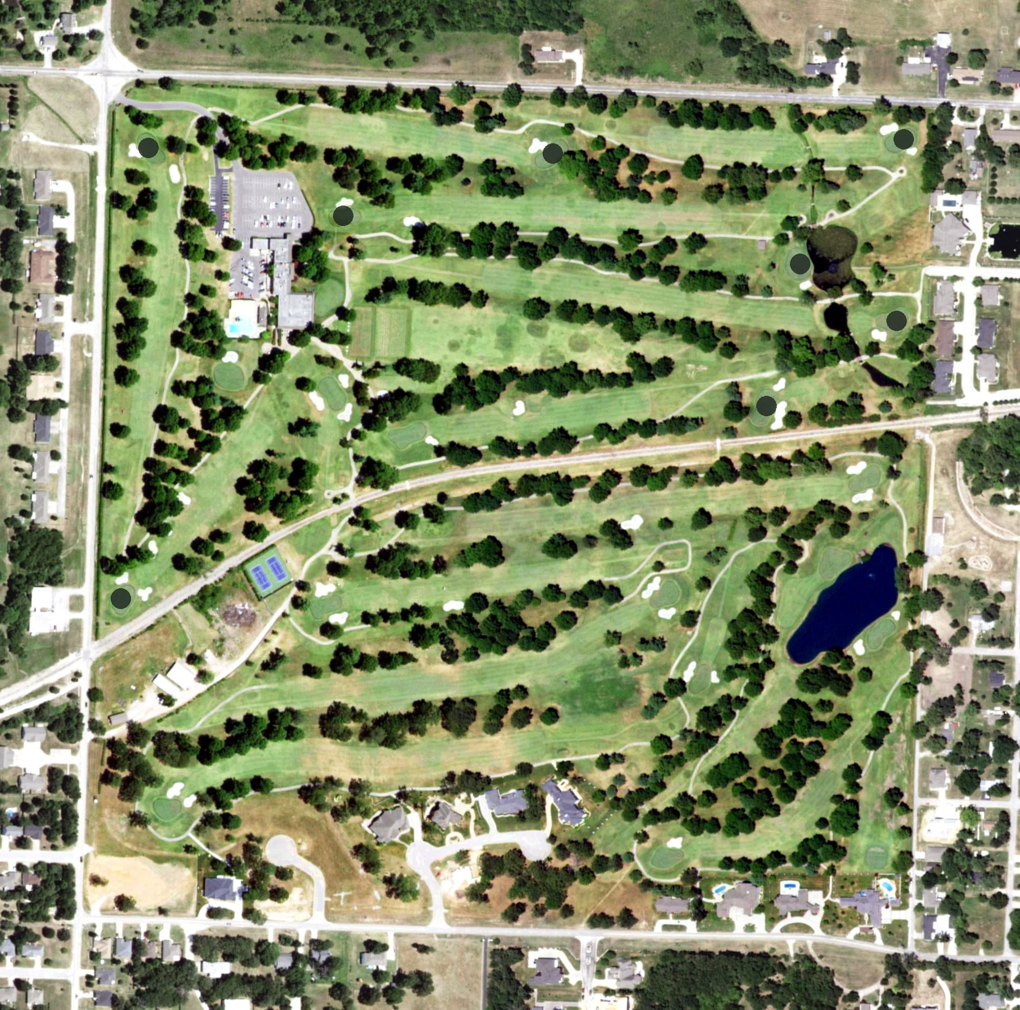 Aerial view of Twin Hills Golf & Country Club, MO, with its hole routing marked