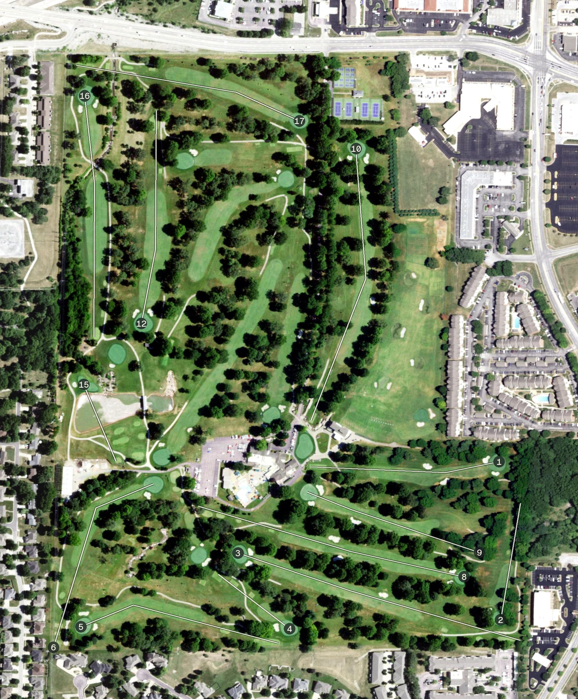Aerial view of Twin Oaks Country Club, MO, with its hole routing marked