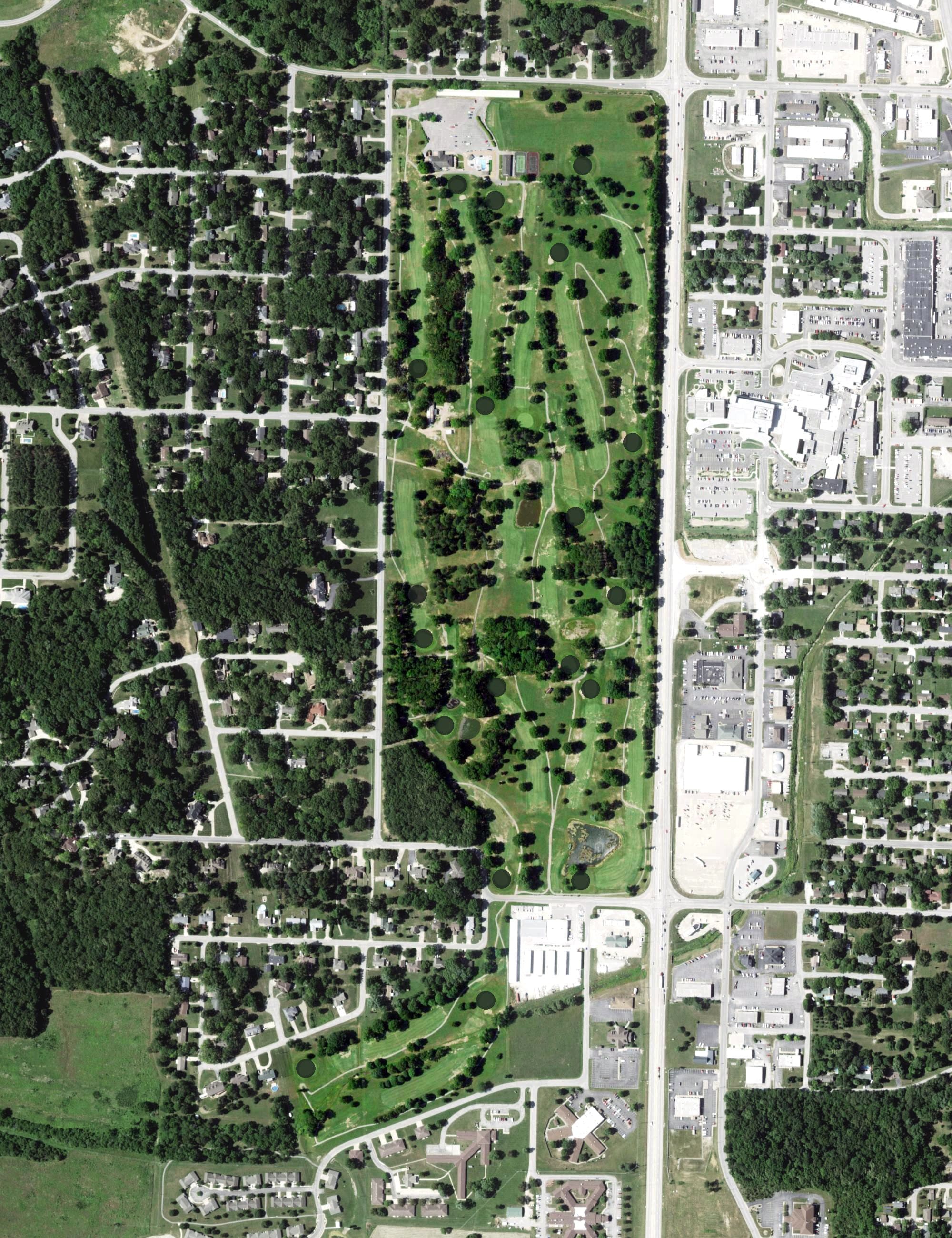 Aerial view of West Plains Country Club, MO, with its hole routing marked