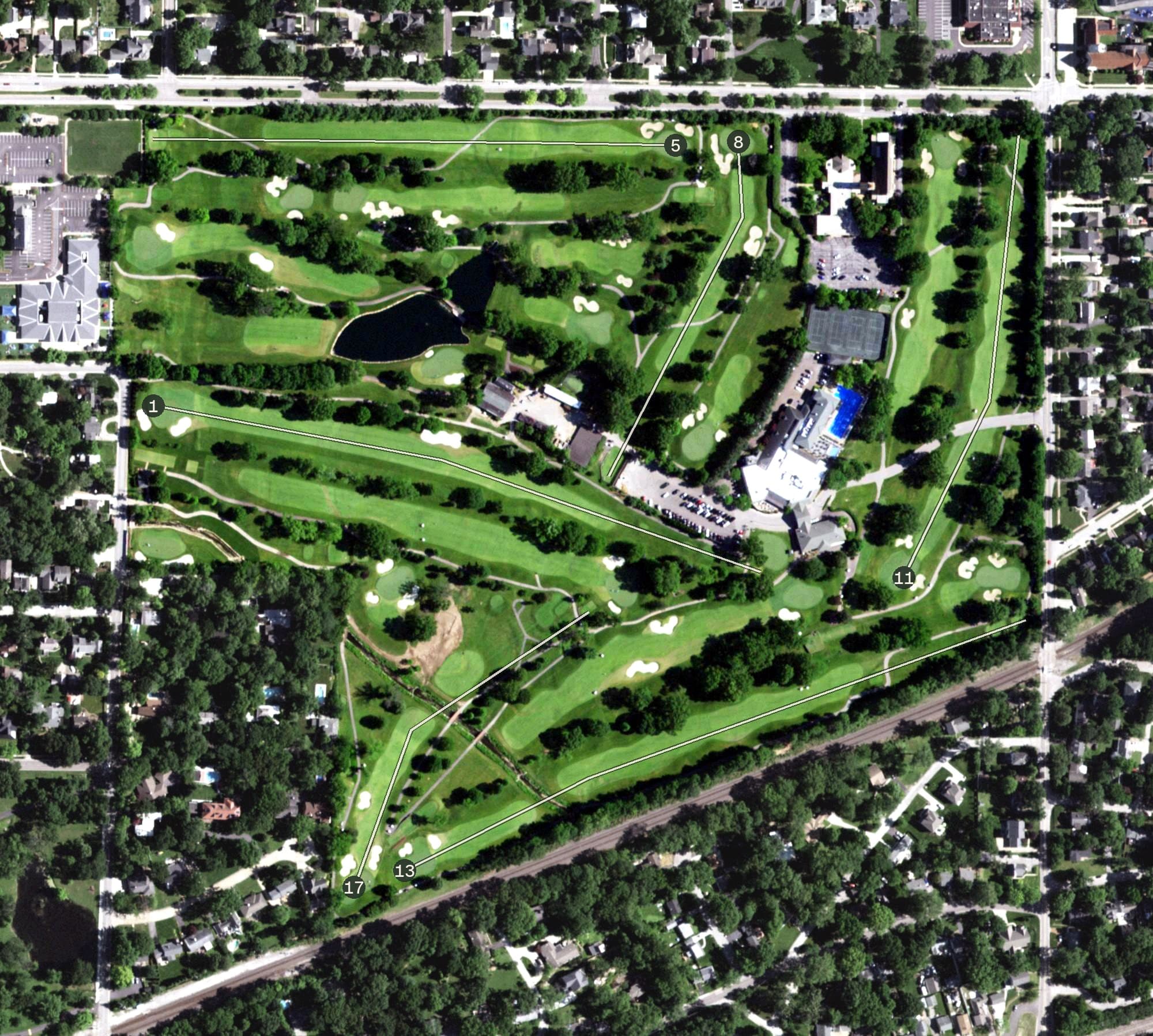 Aerial view of Westborough County Club, MO, with its hole routing marked