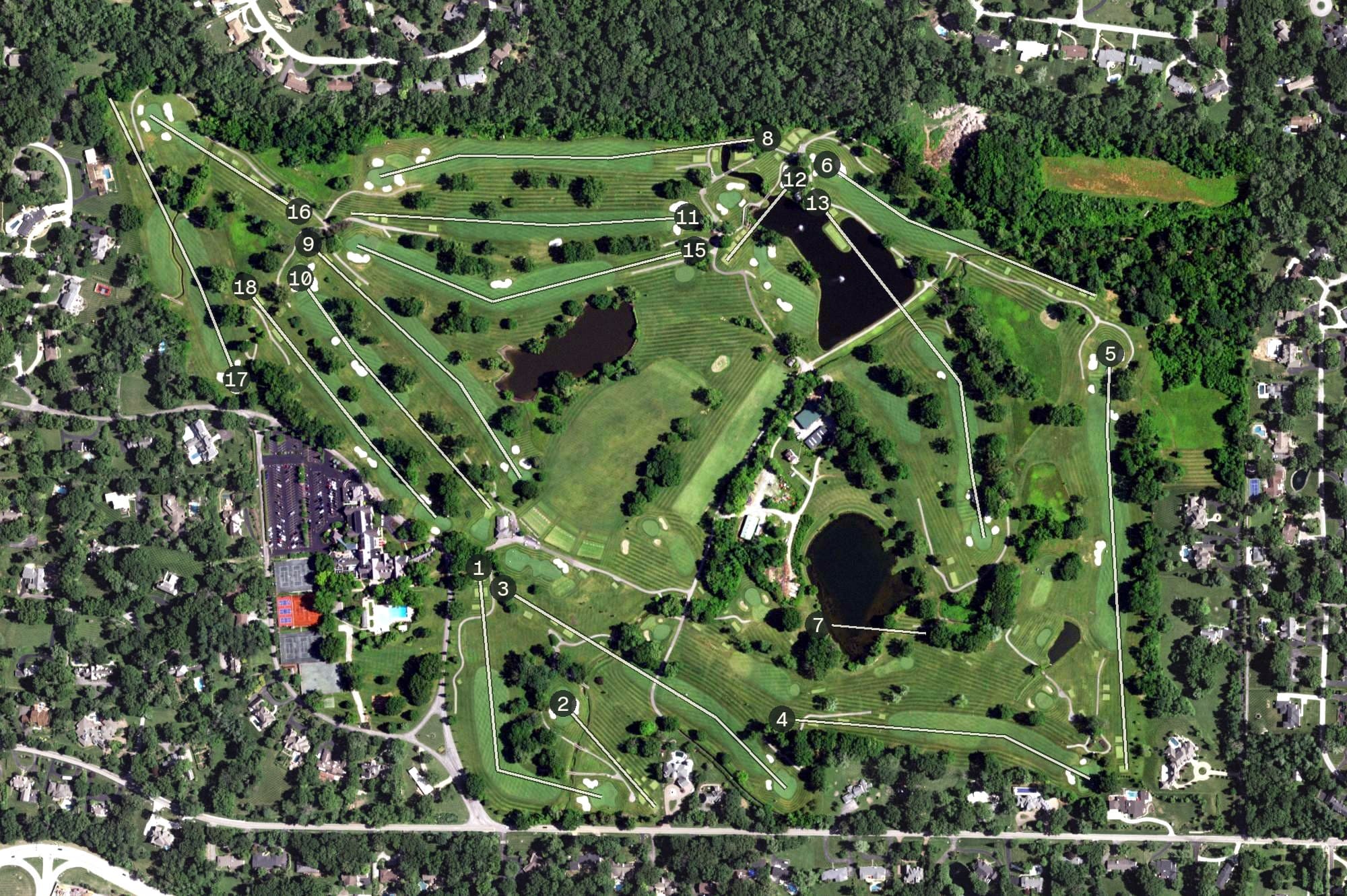 Aerial view of Westwood Country Club, MO, with its hole routing marked
