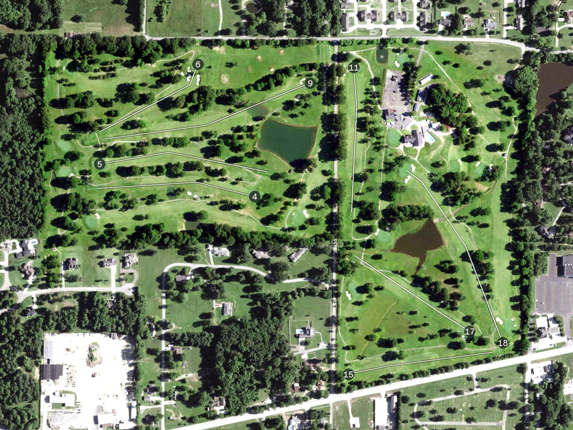 Aerial view of Westwood Hills Country Club, MO, with its hole routing marked