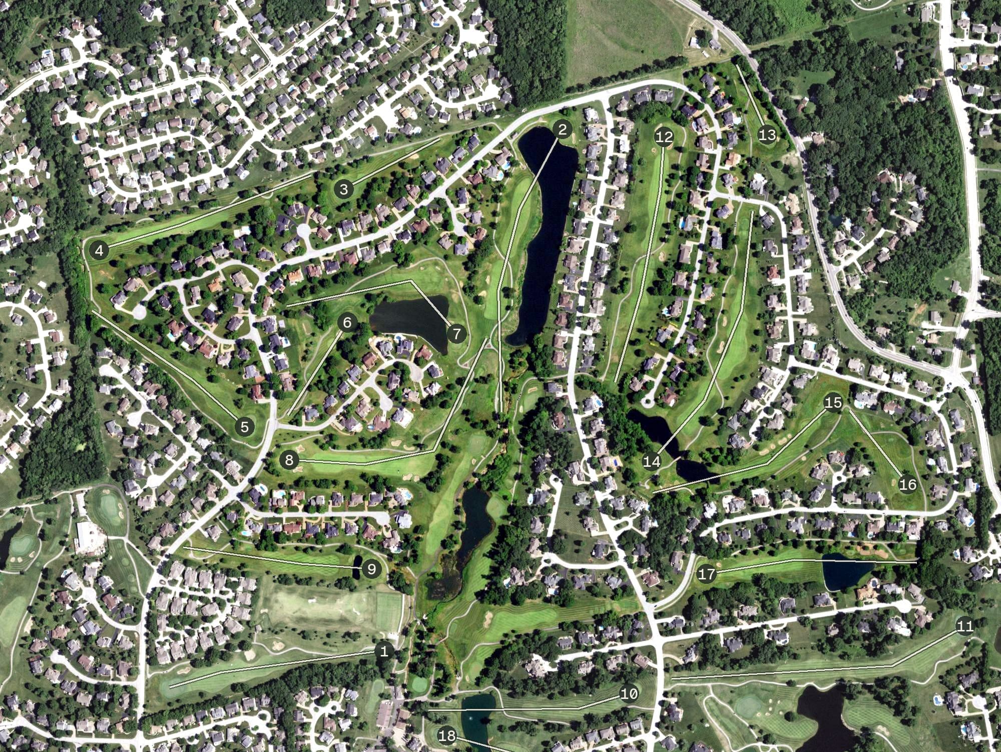 Aerial view of Whitmoor Country Club - North Course, MO, with its hole routing marked