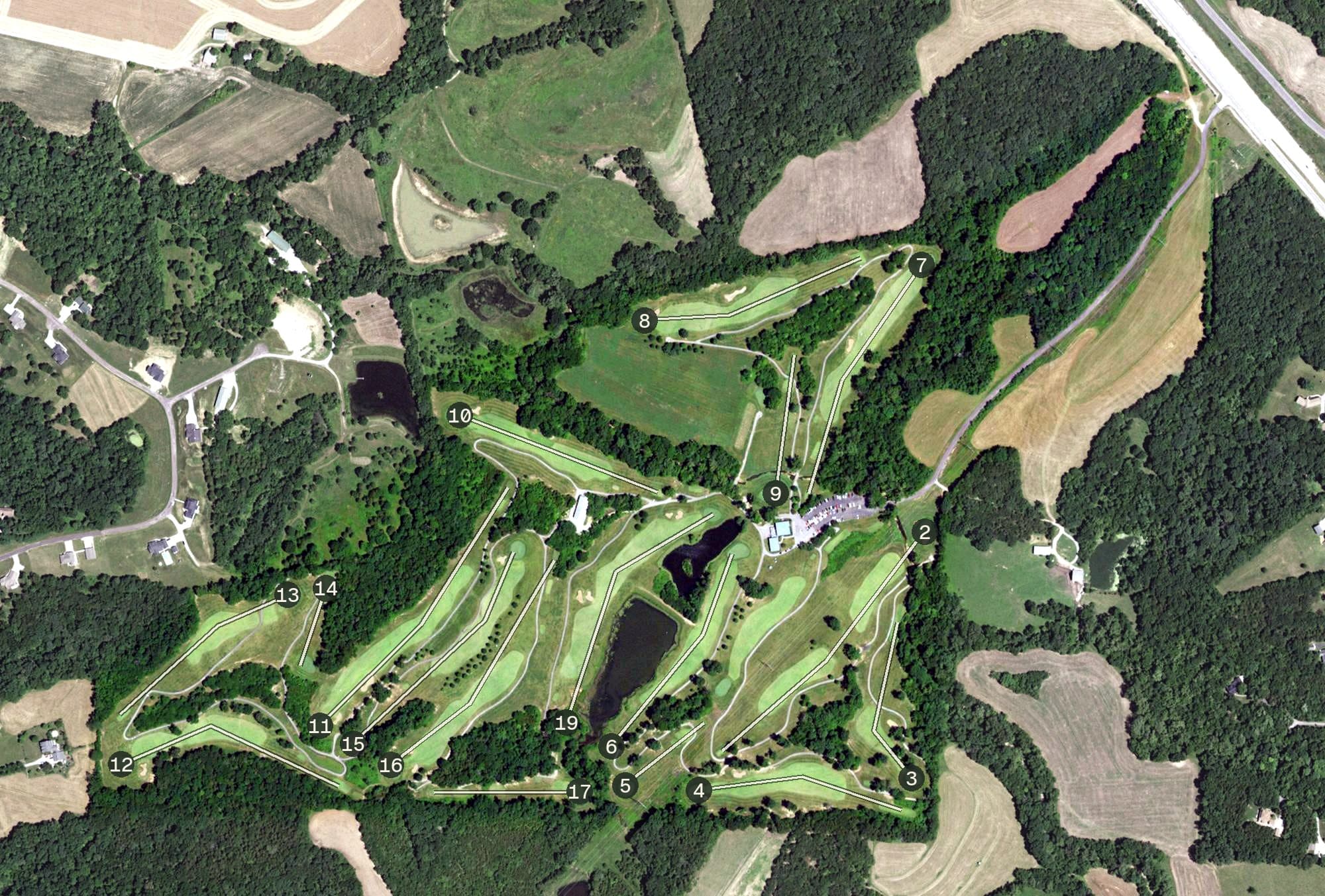 Aerial view of Wolf Hollow Golf Club, MO, with its hole routing marked