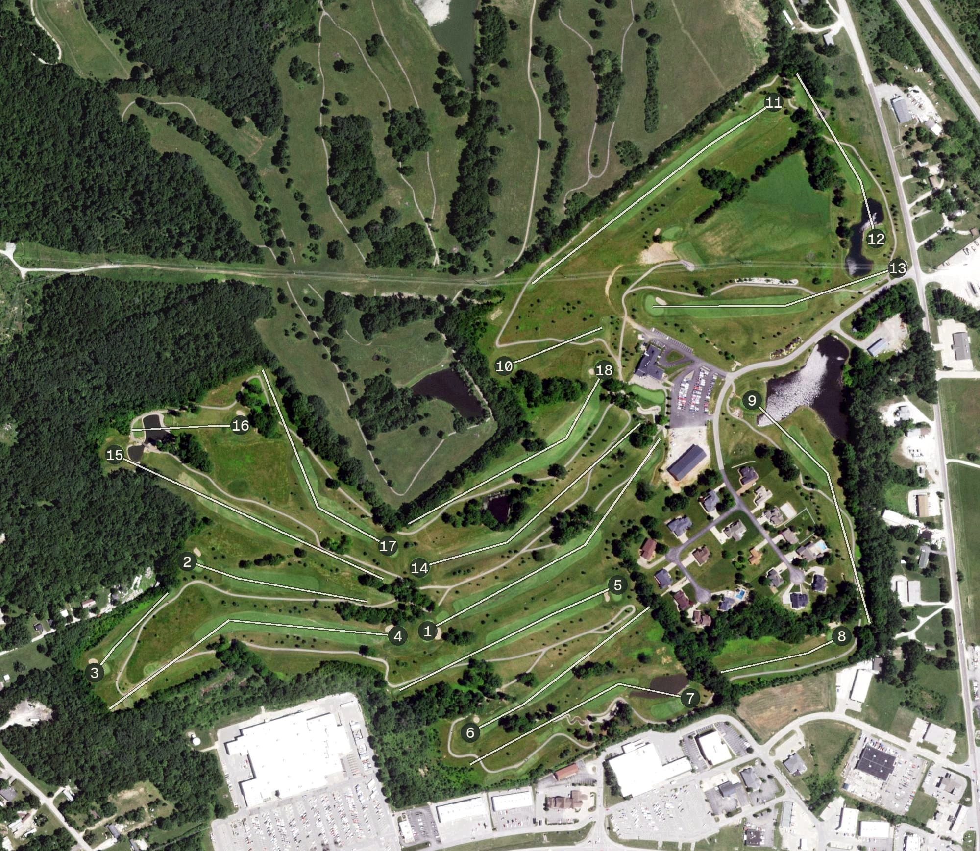 Aerial view of Woods Fort Golf Course, MO, with its hole routing marked