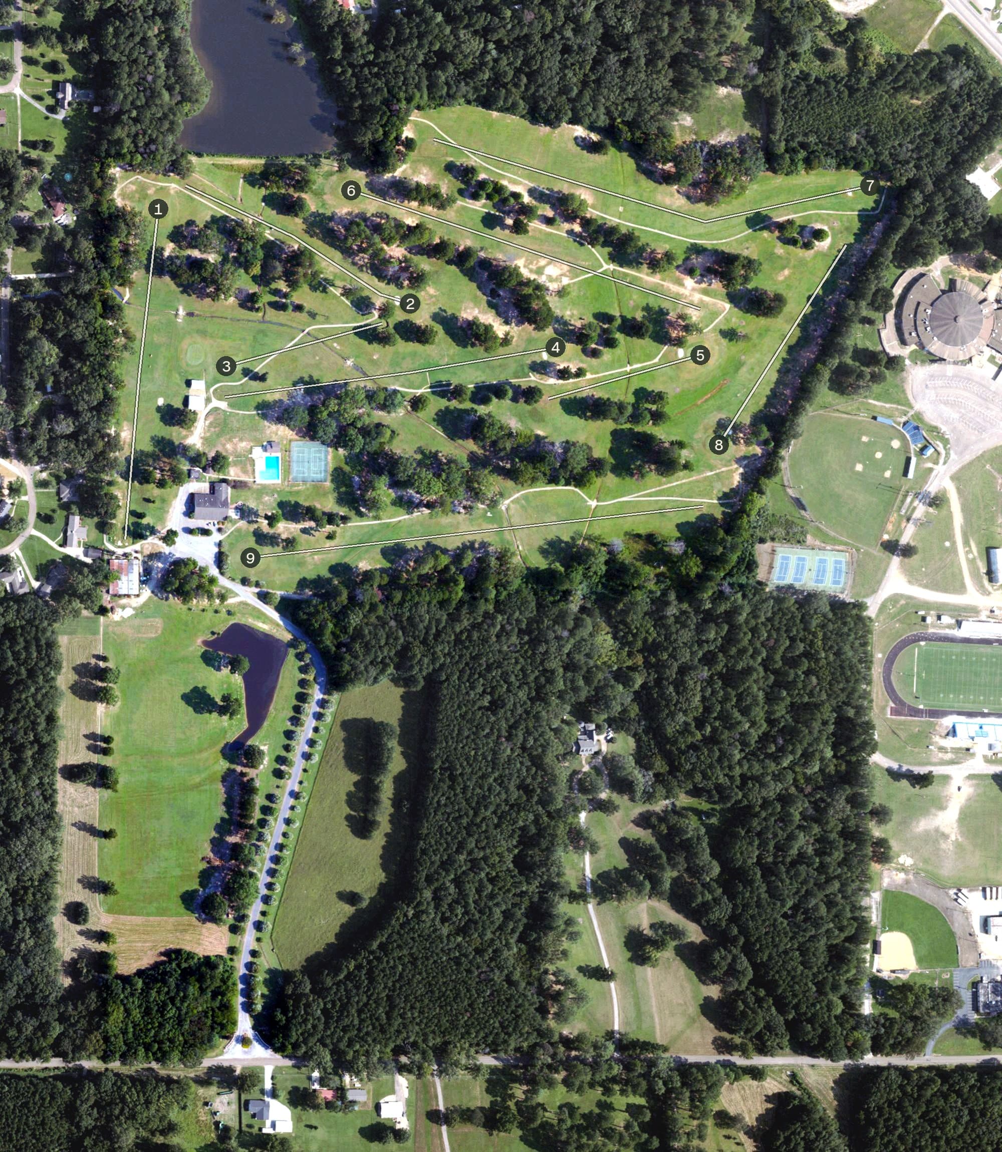 Aerial view of Aberdeen Country Club, MS, with its hole routing marked